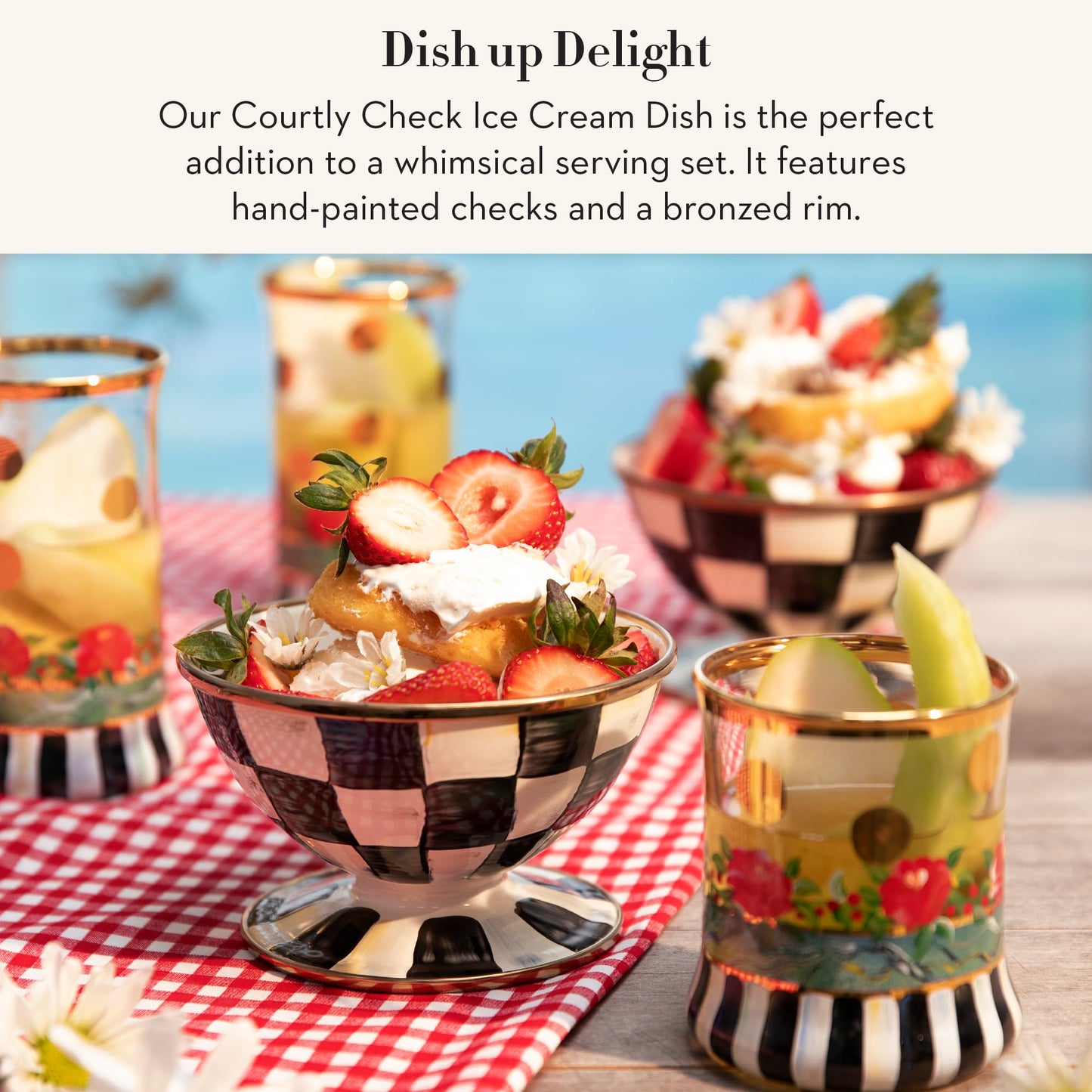 MACKENZIE-CHILDS Enamel Ice Cream Bowl, Serving Bowls for Entertaining, 2-Cup Capacity, Black-and-White Courtly Check