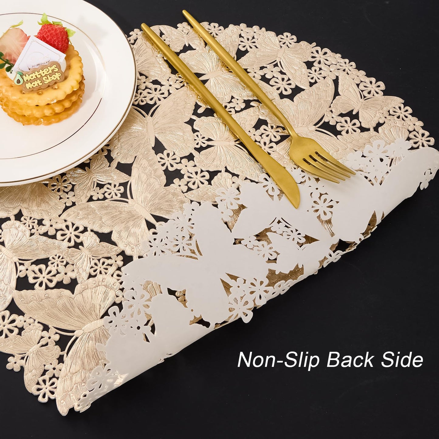 Gold Round Placemats Set of 6 Metallic Pressed Vinyl Butterflies Flower Place Mats for Dinner Table Setting Decor Holiday Wedding Accent Centerpiece Table Mats