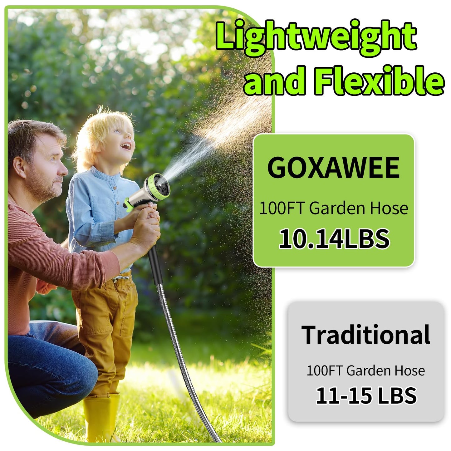 GOXAWEE Garden Hose 100FT, Stainless Steel Heavy Duty Water Hose With 10 Function Nozzle, No-Kink, Tough & Flexible, Sturdy and Lightweight, Rust Proof for Yard, Outdoor, RV