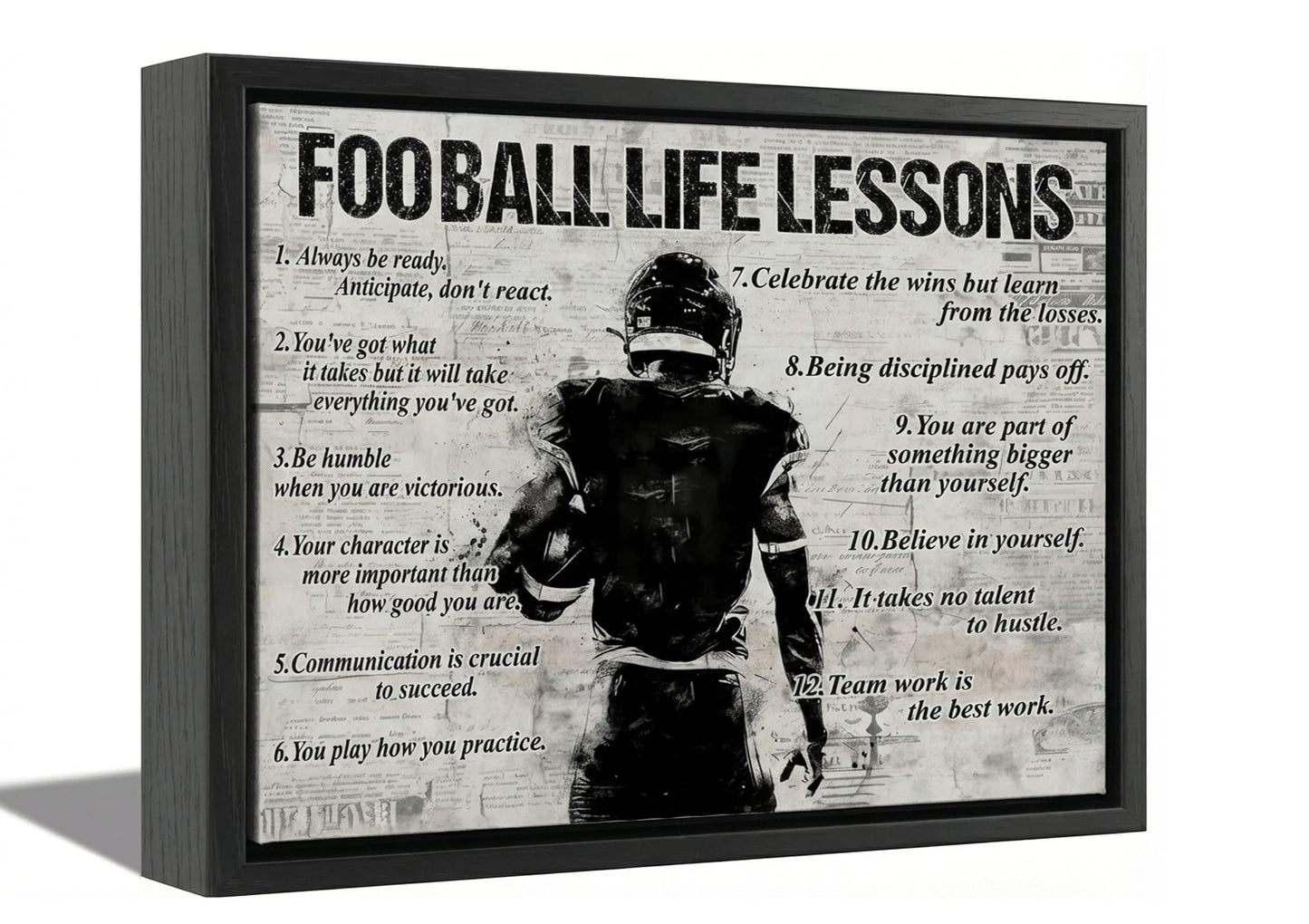 Framed Fotball Sports Canvas Wall Art Football Life Lessons Wall Decor Picture Inspirational Quotes Motivational Boy Poster Print Painting for Gym Bedroom Living Room Decoration Prepare To Hang