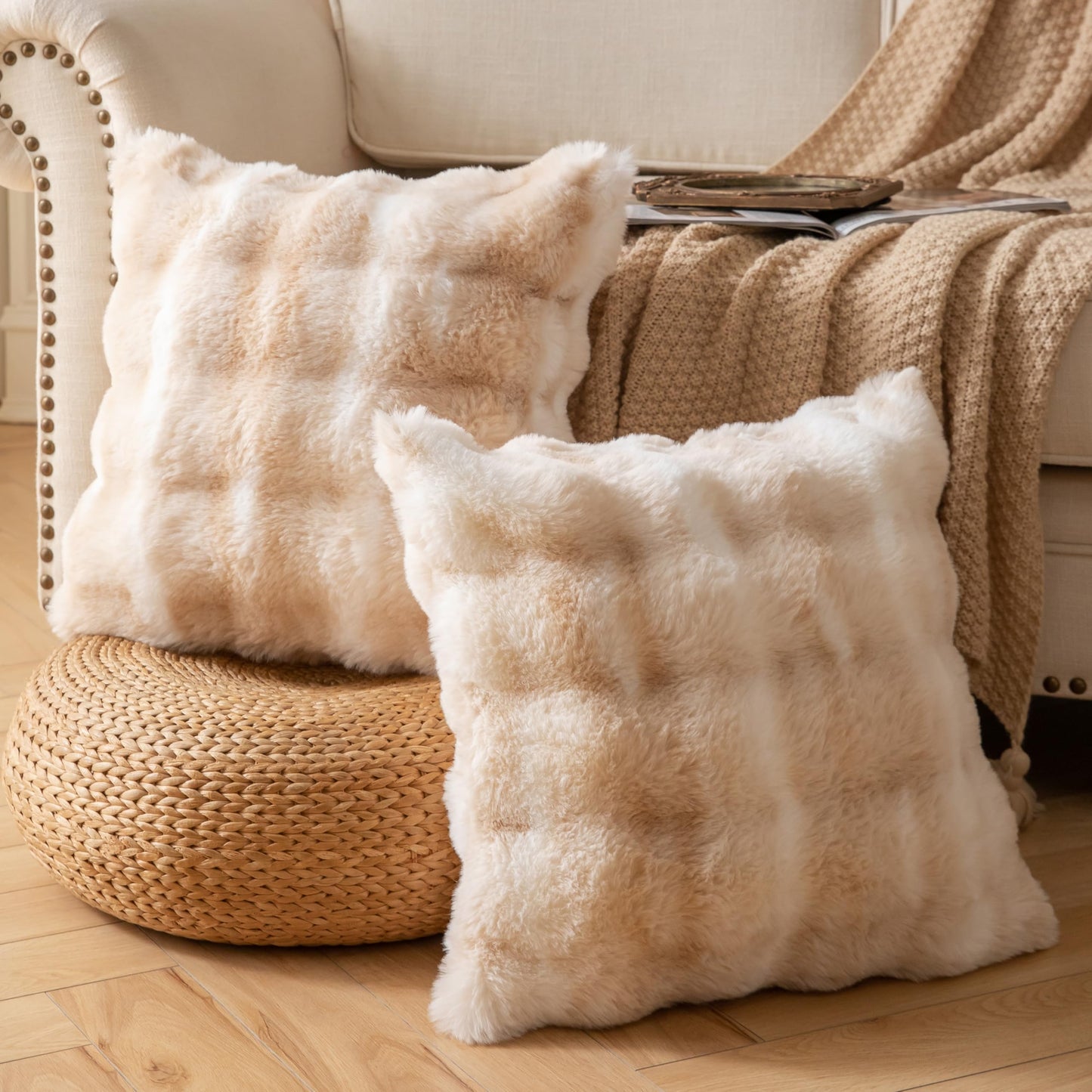Joyouth Pack of 2 Thick Plush Throw Pillow Covers Fluffy Wave Faux Fur Decorative Cushion Covers Soft Wool Pillowcase for Sofa Couch Livingroom 18x18 Inch White Beige