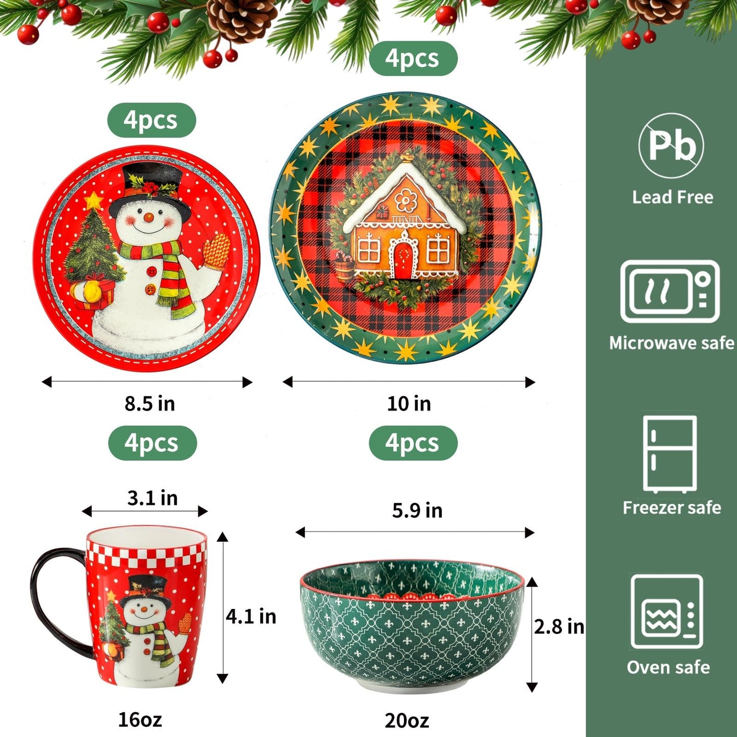 Hasense 16 Pcs Ceramic Dinnerware Sets, Holiday Coffee mugs Plates and Bowls Set for 4, Chip & Scratch Resistant Party Serving Dishes Microwave and Dishwasher Safe, Colorful