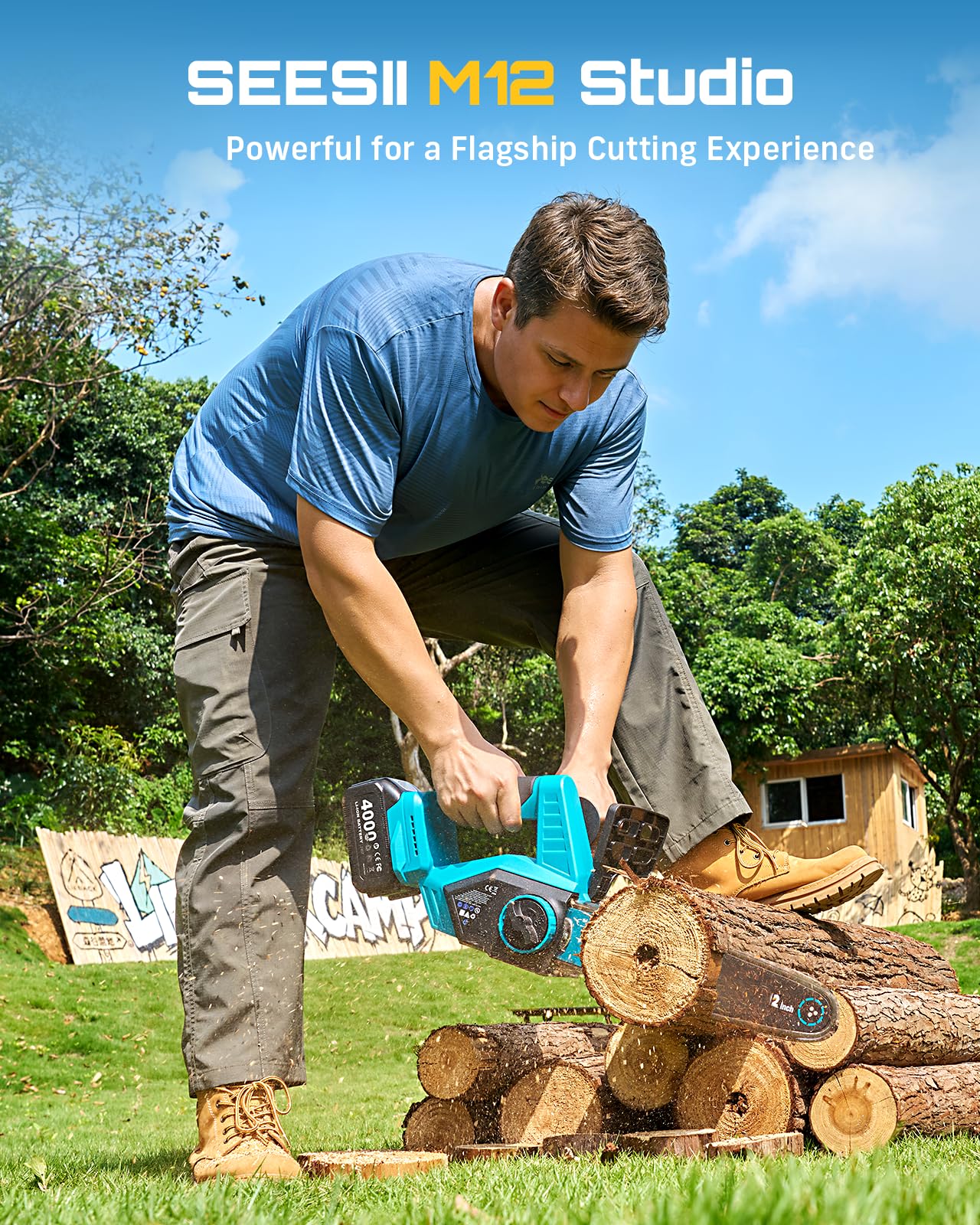 SEESII Electric Chainsaw Cordless 12-inch, Handheld Chain Saws with 2 x 4.0Ah Battery, Tree Saw with Tool-free Chain Tension, Auto Oiling for Wood Cutting Trimming Branch