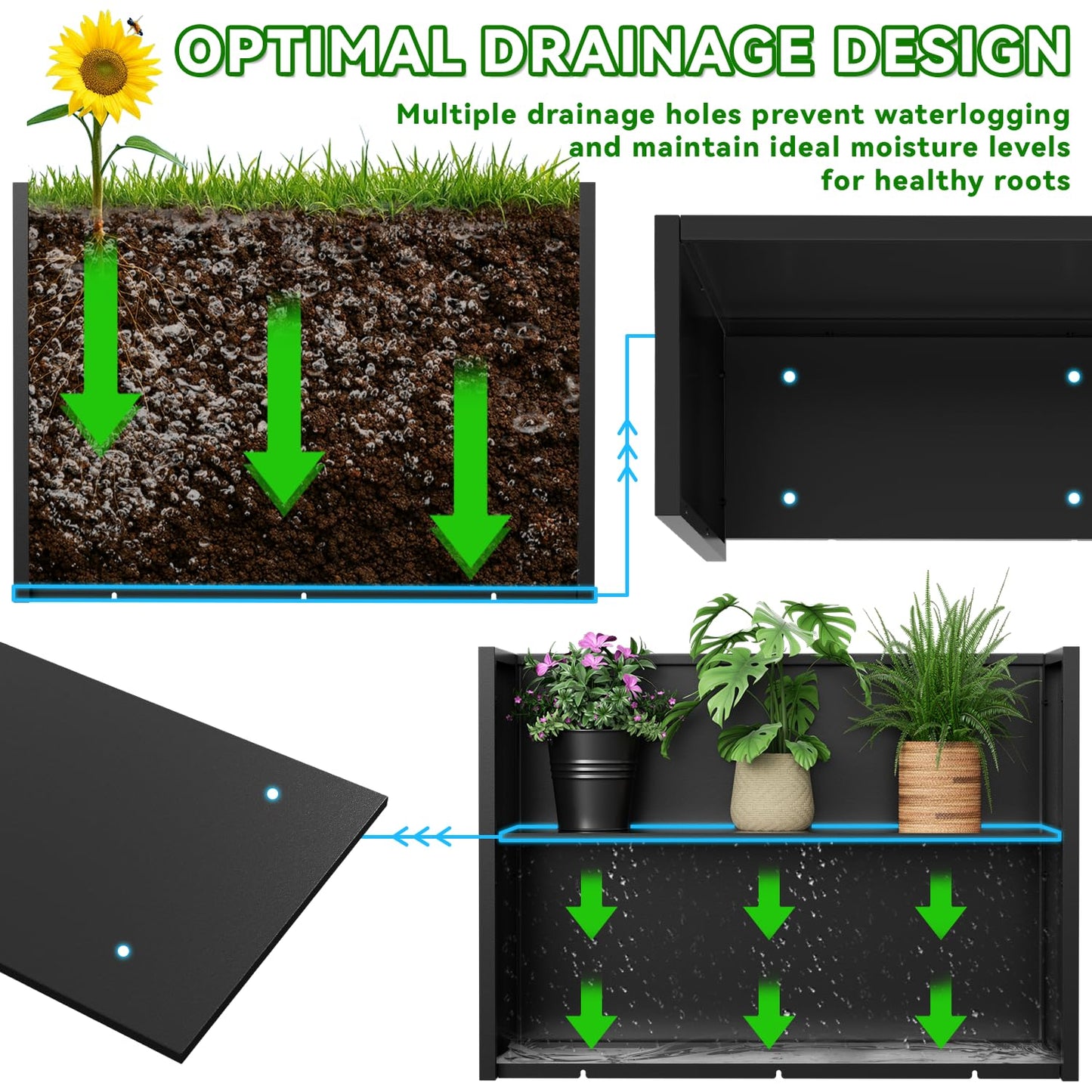 NUWJBYE Tall Metal Planter Box, 38" L x 10" W x 30" H Large Outdoor Planters with Drainage & Adjustable Shelf, Heavy Duty Steel Rectangular Planter for Patio, Balcony, Indoor(Black)