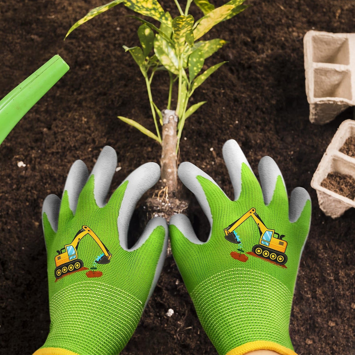 WAWSAM Kids Gardening Gloves 3 Pairs Toddlers Rubber Coated Work Gloves Children Garden Gloves Thorn Proof Heavy Duty (Blue & Green & Orang(Truck), Medium (Age 5-7))