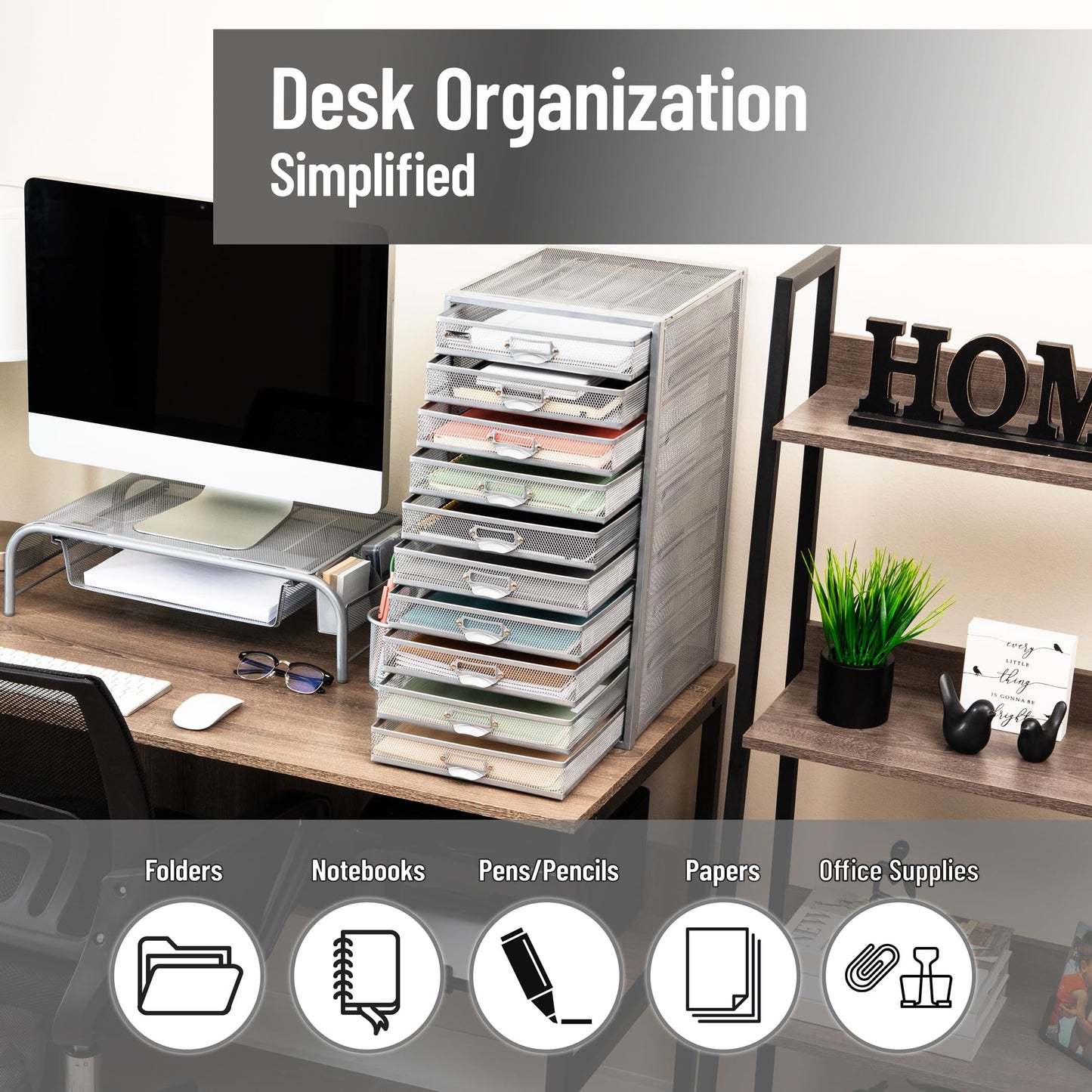 Mind Reader 10-Drawer Desk Organizer for Office Supplies, Crafts, Mail Sorting & More, Metal Mesh, 10.75"L x 14"W x 21.25"H, Silver