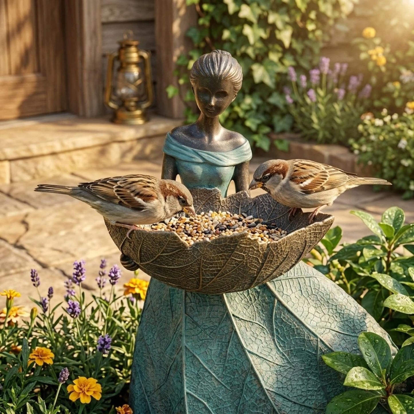 DiliComing Fairy Garden Statues Bird Feeder - 12 Inch Resin Fairy Statue for Outdoor Garden Decor, Outdoor Statues for Patio Yard Flower Beds, Gifts for Women (Green)