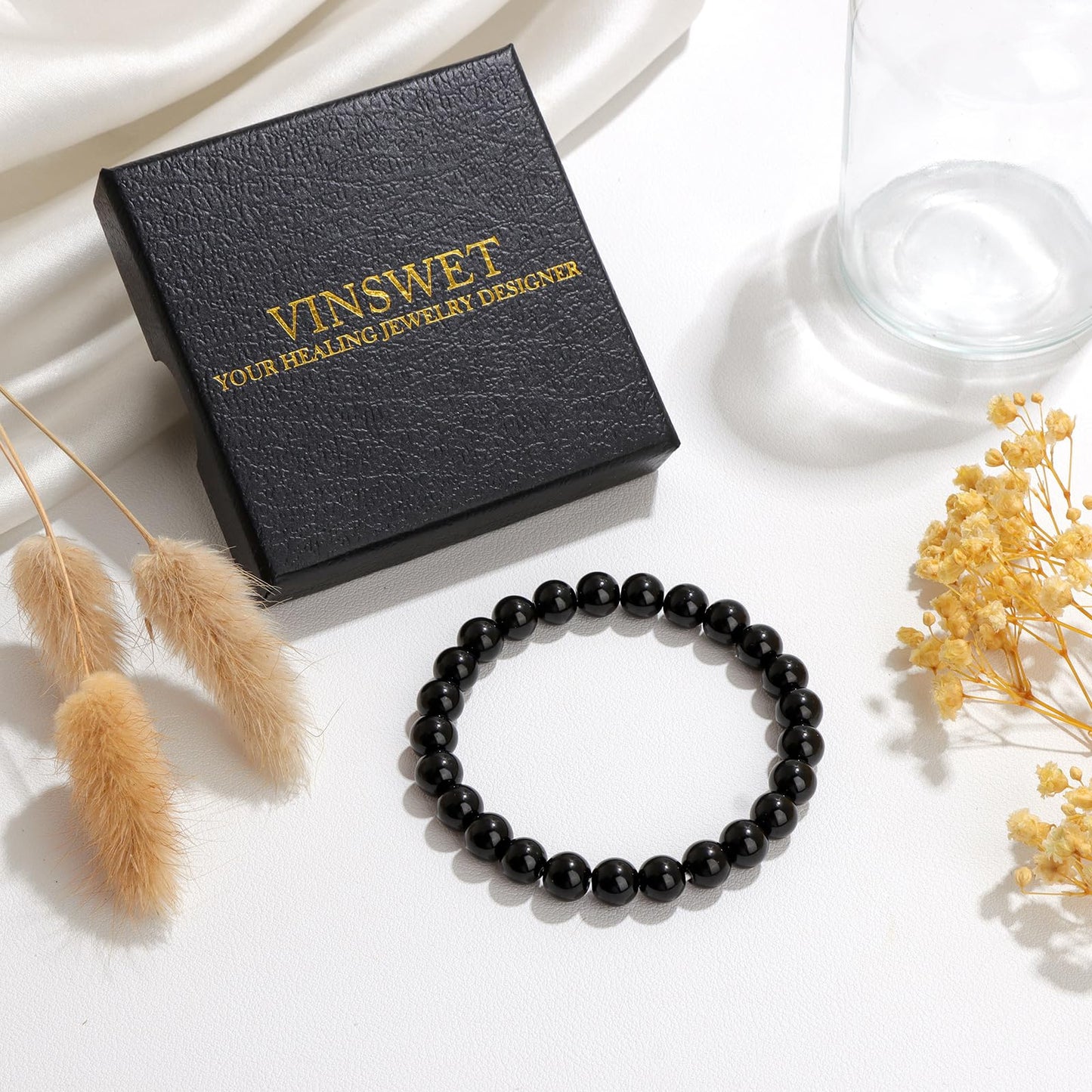 Vinswet Healing Crystal Bracelets for Women Men 8mm Black Tourmaline Natural Stone Beaded Stretch Bracelet Handmade Gemstone Reiki Spiritual Jewelry Gifts