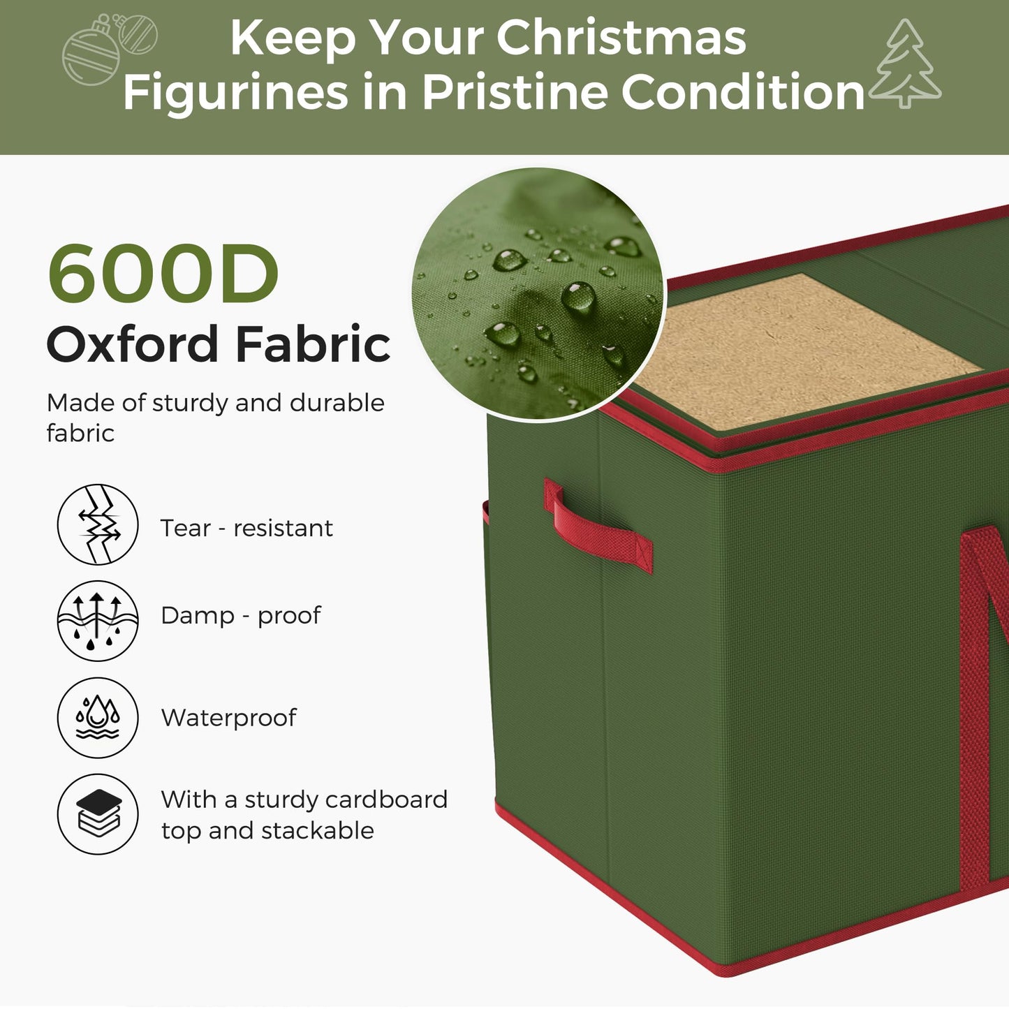 Christmas Figurine Storage Box for 15-Inch Figurines and Nutcrackers, Holiday Decor Organizer with Adjustable Dividers, 8 Slots and 2 Pockets, Dual Zippers, 600D Oxford, 24.8"x12.2"x15.2" ,Green