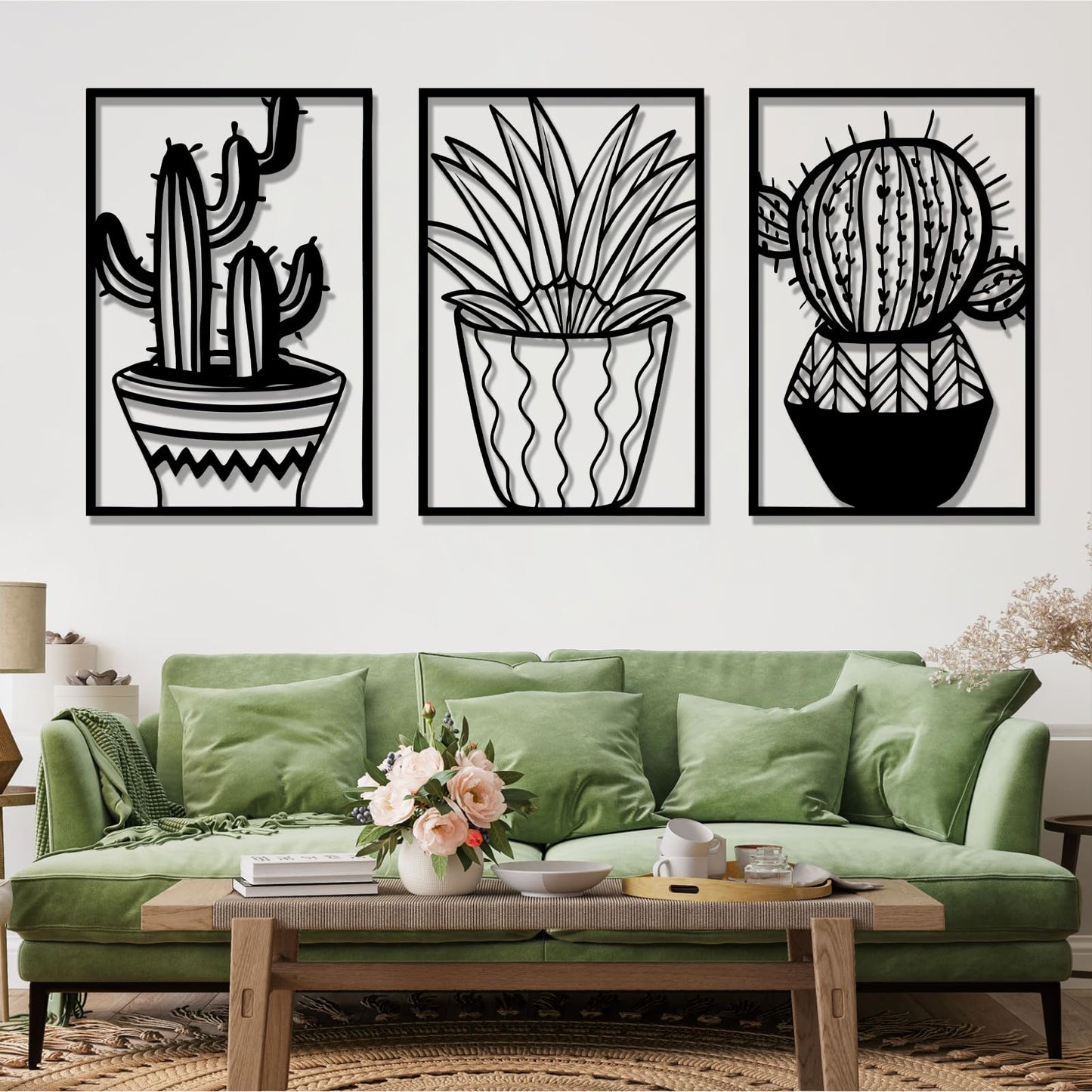 Metal Cactus Wall Decor, 3 Pcs Cactus Wall Art, Southwest Desert Wall Art, Large Plant Wall Decor, Natural Themed Metal Wall Hanging, Wall Art for Living Room, Yard, Outdoor (Black, 53"x105" | 134x270cm, metal wall art)