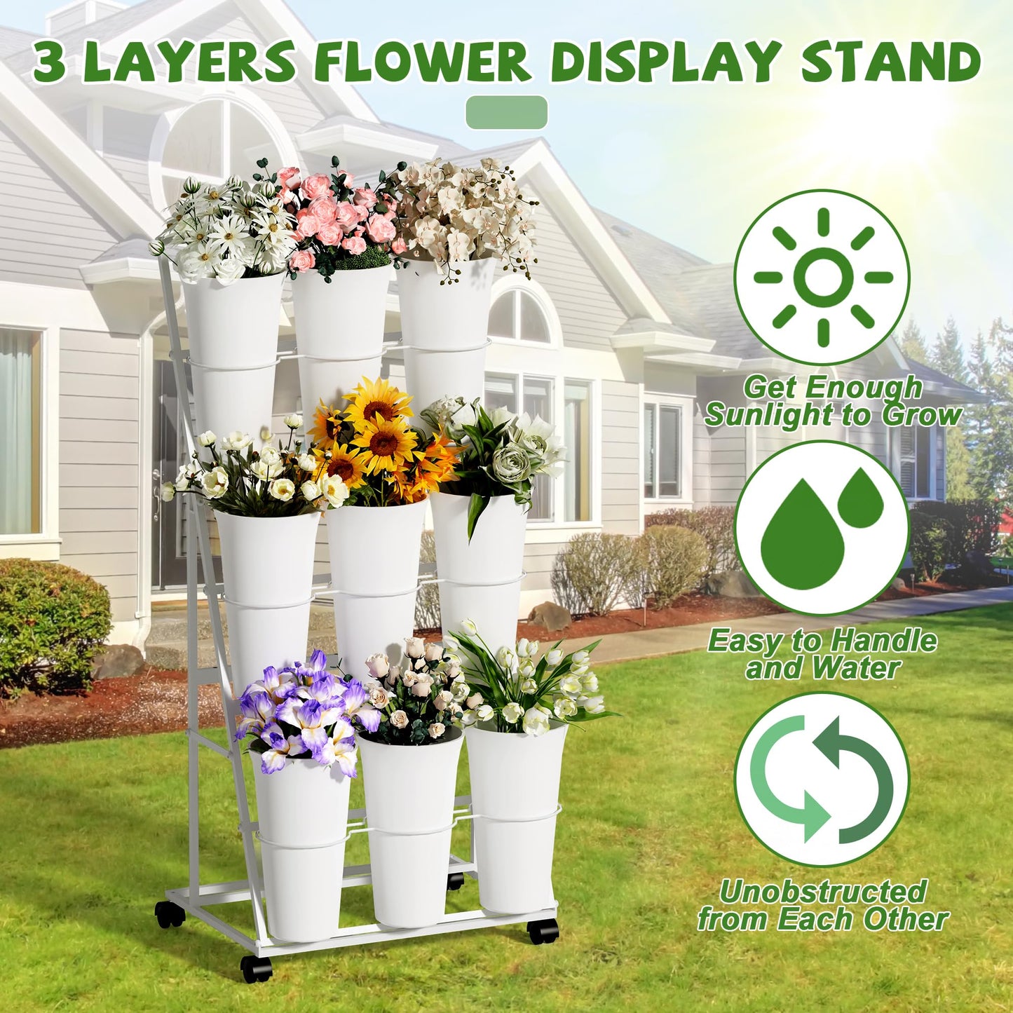 Invech Flower Display Stand with 9 Buckets, 3 Tier Flower Cart Display Stand and Wheels for Indoor Outdoor Garden, Wedding, Flower Shop (White)