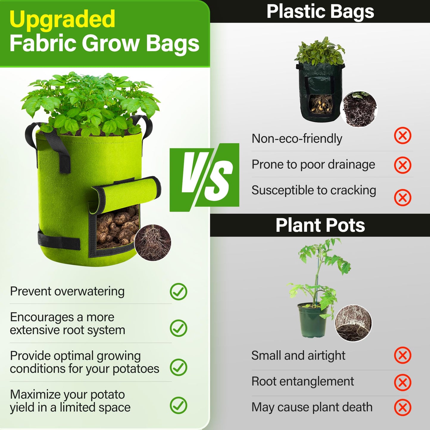 Suntee 6 Pack 15 Gallon Potato Grow Bags with Flap, Thickened Nonwoven Fabric Grow Bags for Growing Potatoes, Colorful Plant Grow Bags Pots Gardening Vegetable Potato Growing Bags with Durable Handles
