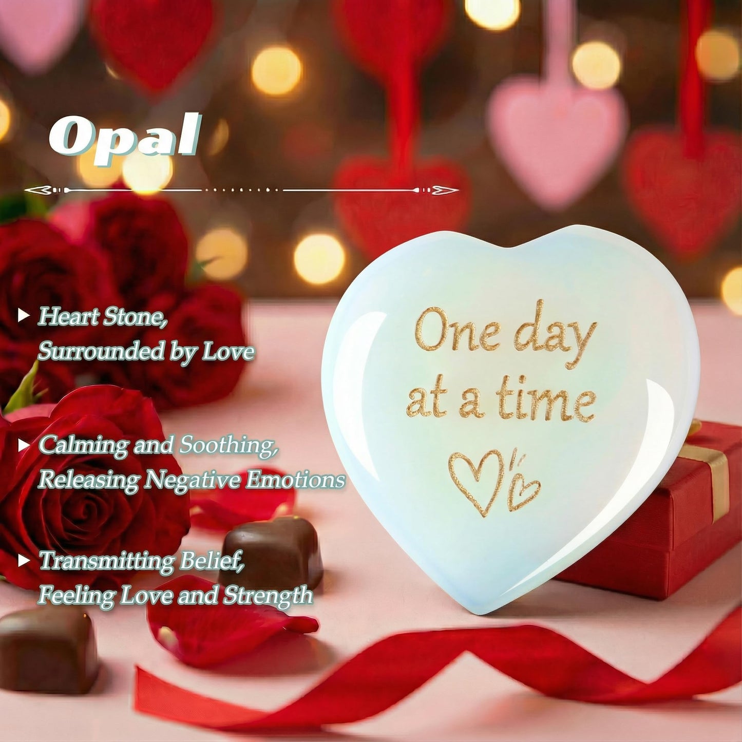 QINJIEJIE Opal Hearts Stone One Day at A Time Healing Crystal Thinking of You Gifts for Anxiety Relief Items You Got This Inspirational for Friend Heart Gifts for Women Valentines Day