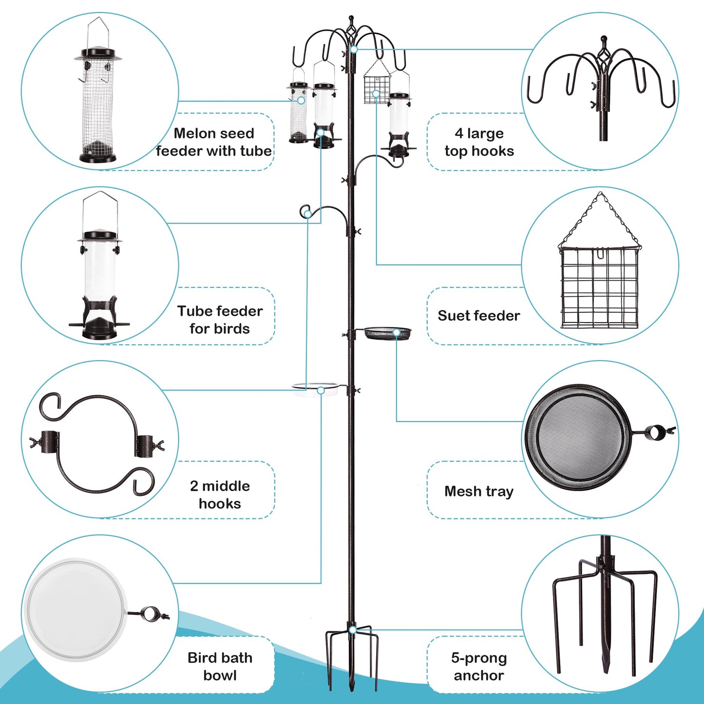 YINGYM 6-Hook Bird Feeding Station Kit, Wild Bird Feeder Stand Pole, Multi-Feeder Kit Stand with 4 Feeders, Bird Bath and Mesh Tray, 94 Inch