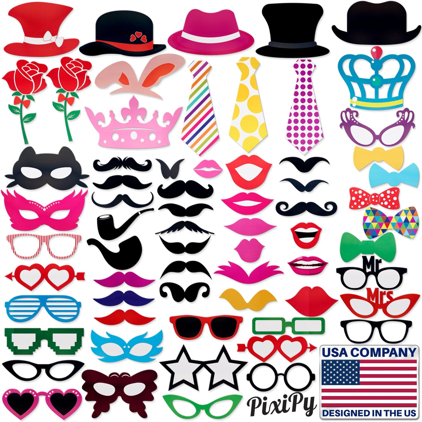 Photo Booth Props - 66 Piece Multicolor Kit - Fun Selfie Party Accessories - Mustaches, Hats, Lips & More - by PixiPy