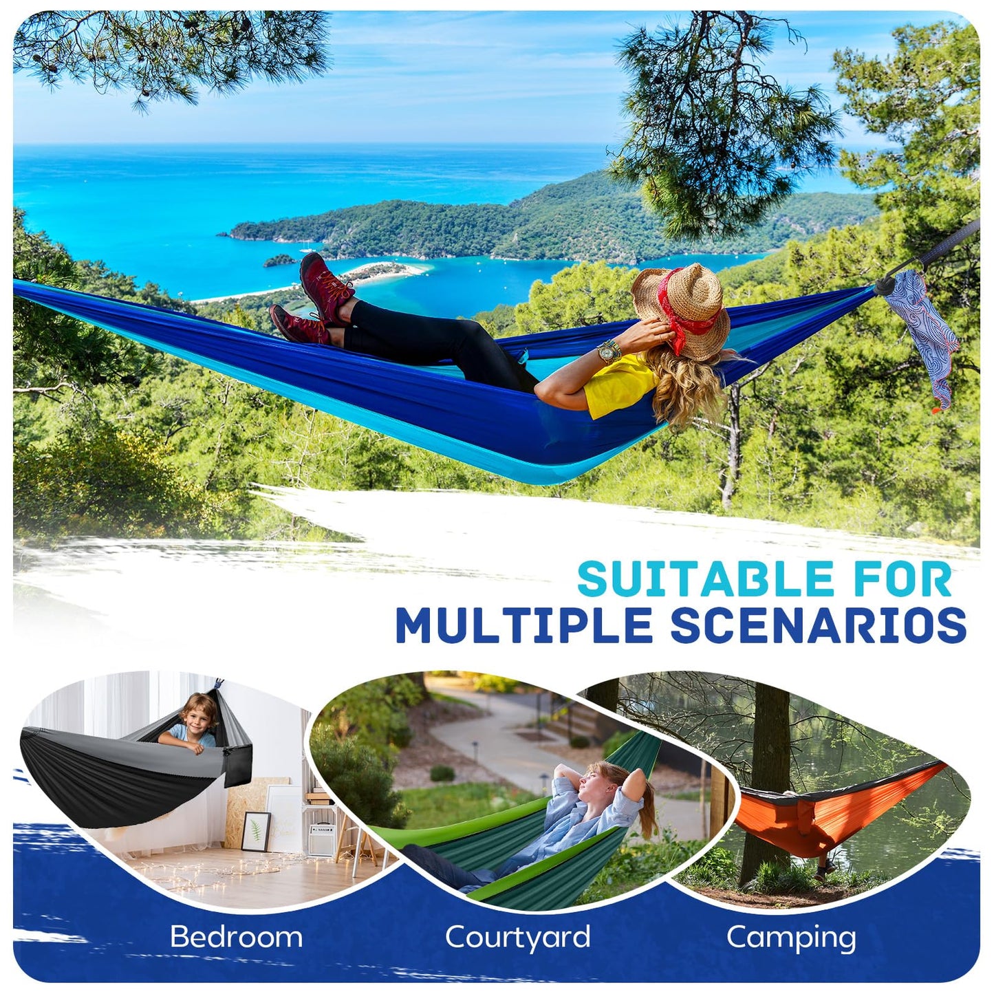 Camping Hammock Lightweight, Portable Hammocks Parachute Hammock with Two Tree Straps, Single or Double Travel Swing Nylon Camp Hammocks, Outdoor Essentials for Beach Backpacking Hiking, Blue