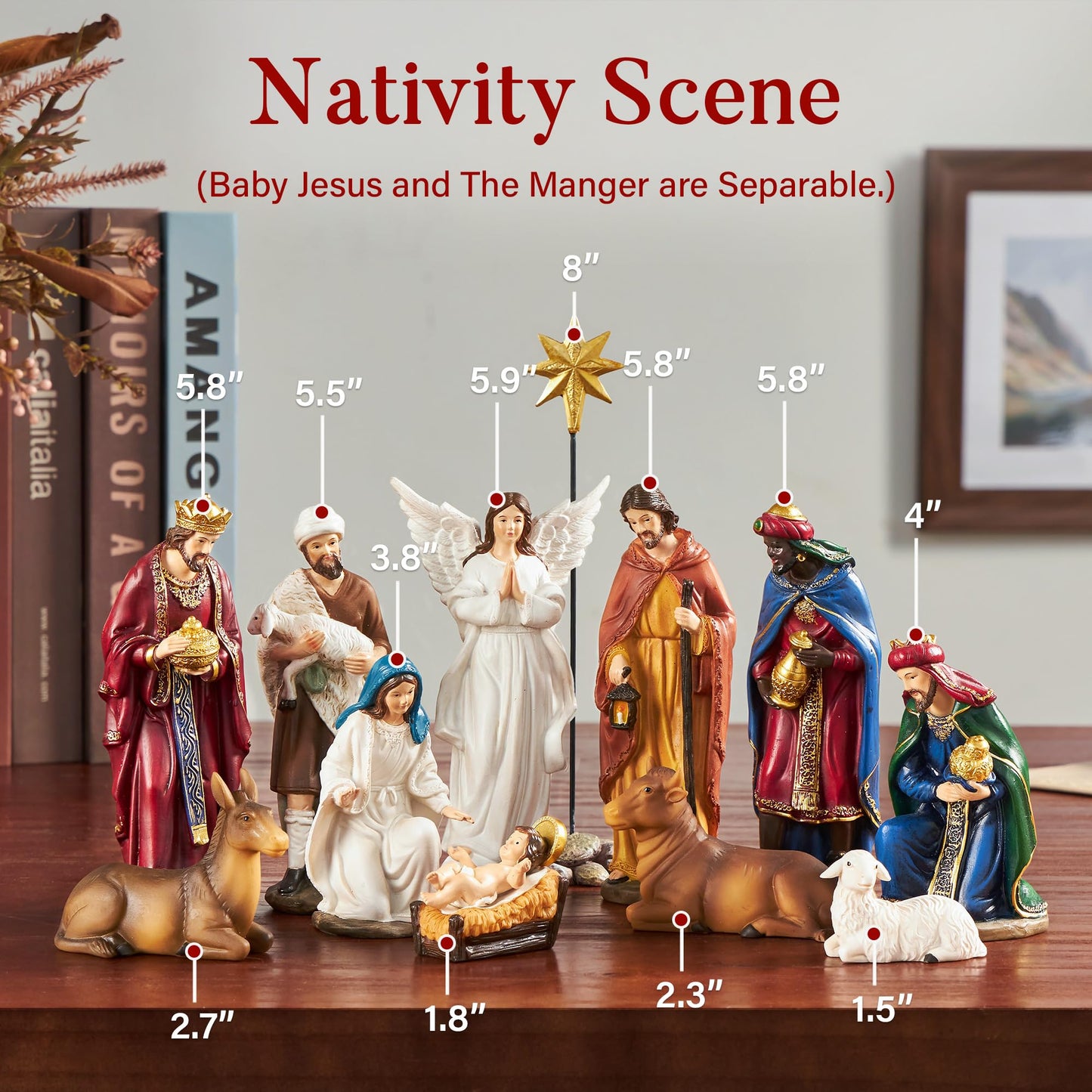 BESBLEE Nativity Sets for Christmas Indoor Set of 13 Pieces 5.9 Inches Tabletop Classic Nativity Scene Resin Figurines Set Religious Decorations Collection Gifts fot All Holidays Home Decor