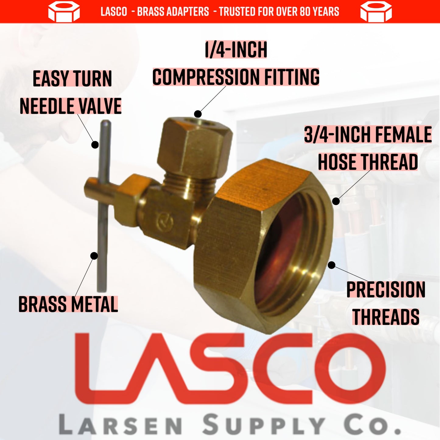 LASCO 17-8385 3/4 Female Garden Hose Thread by 1/4-Inch Compression Needle Valve Brass Adapter, Copper