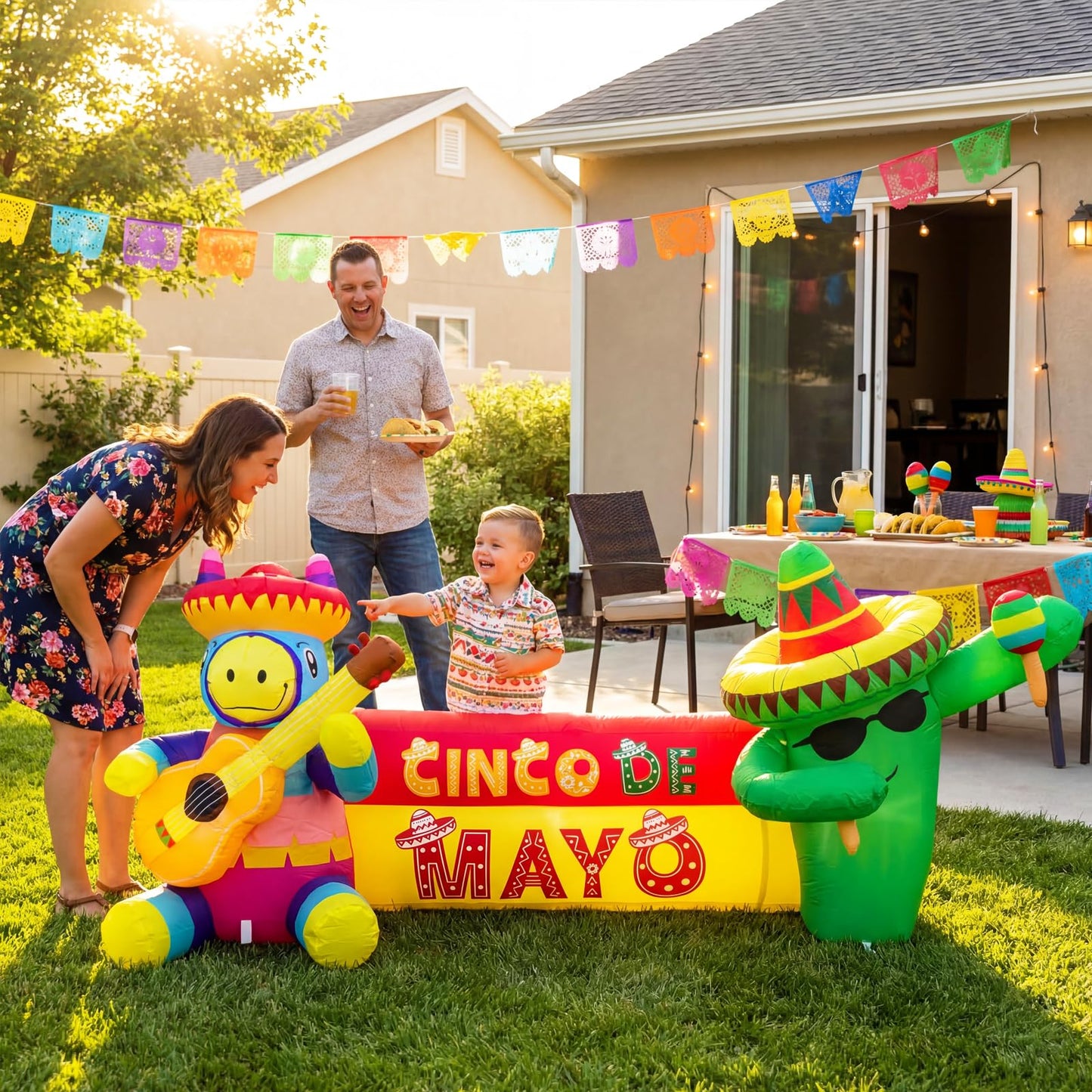 6.5FT Long Cinco De Mayo Inflatables Outdoor Decorations, Guitar Donkey & Maraca Cactus, Mexican Fiesta Blow Up Yard Decor for May 5 Taco Party, Lawn Garden Indoor Outdoor