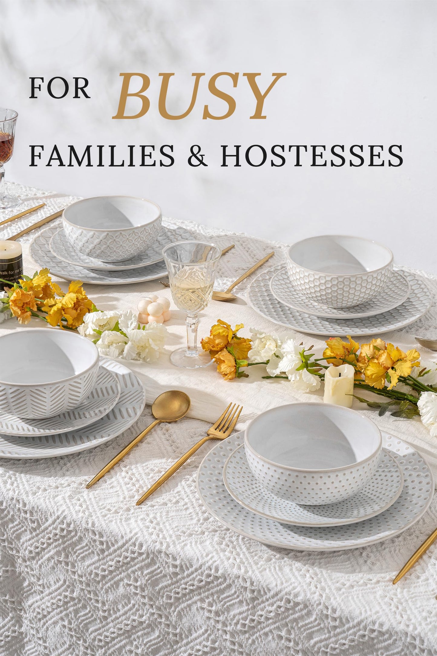 FOBENTA 12 Piece Embossed Dinnerware Sets for 4, Elegant Plates and Bowls Sets, Microwave & Dishwasher Safe, Stoneware for Stylish Home Dining–Perfect Housewarming Gift for Busy Families & Hostesses