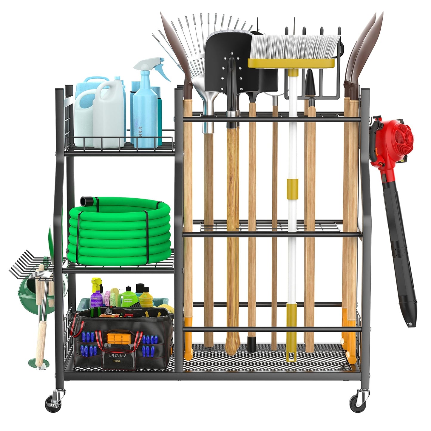 WALMANN Garden Tool Organizer with Wheels for Garage, Large Storage Capacity, Rakes/Shovels/Yard Tools Storage Stand for Shed, Garden, Indoor/Outdoor Long-Handled Tools Rolling Cart