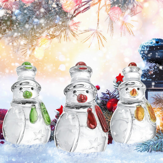 KRISININE Set of 3 Glass Snowman Figurine 1.6''*4.2'' Handmade Snowman Christmas Decorations Indoor for Home Winter Holiday Glass Paperweight Office Table Decor