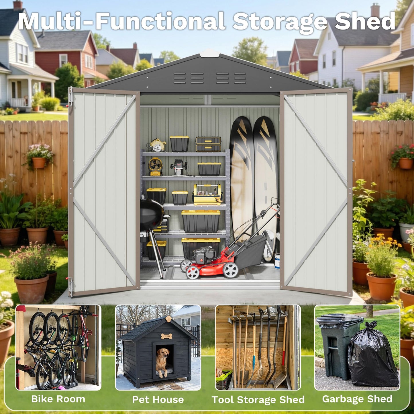 Greesum 6x4FT Outdoor Storage Shed with Base, Utility Tool Shed with Sloping Roof, Metal Storaged Garden Shed with Door & Lock for Patio Storage, Brown