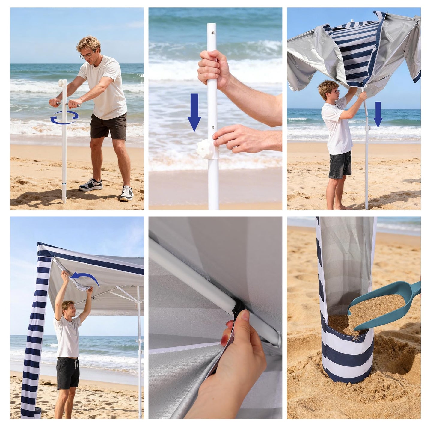 Jihfmo 8x8 Ft Large Beach Cabana Tent, UPF 100+ Windproof Sun Shelter for Family - 64 Sq Ft Big Shade Canopy with Sand Anchors & Cooling Silver Glue Coating, Easy Setup Portable Sunshade - Blue Stripe