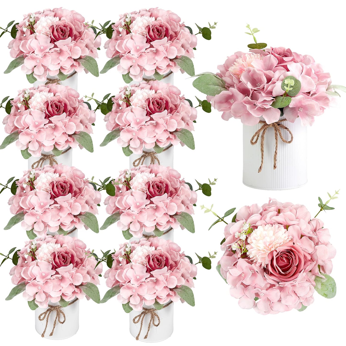 Auihiay 10PCS Flower Table Centerpieces, Hydrangea Artificial Flowers with Vase, Faux Silk Hydrangea Flowers Arrangement for Spring Wedding Table Centerpiece Floral Vase Home Office Decor (Pink)