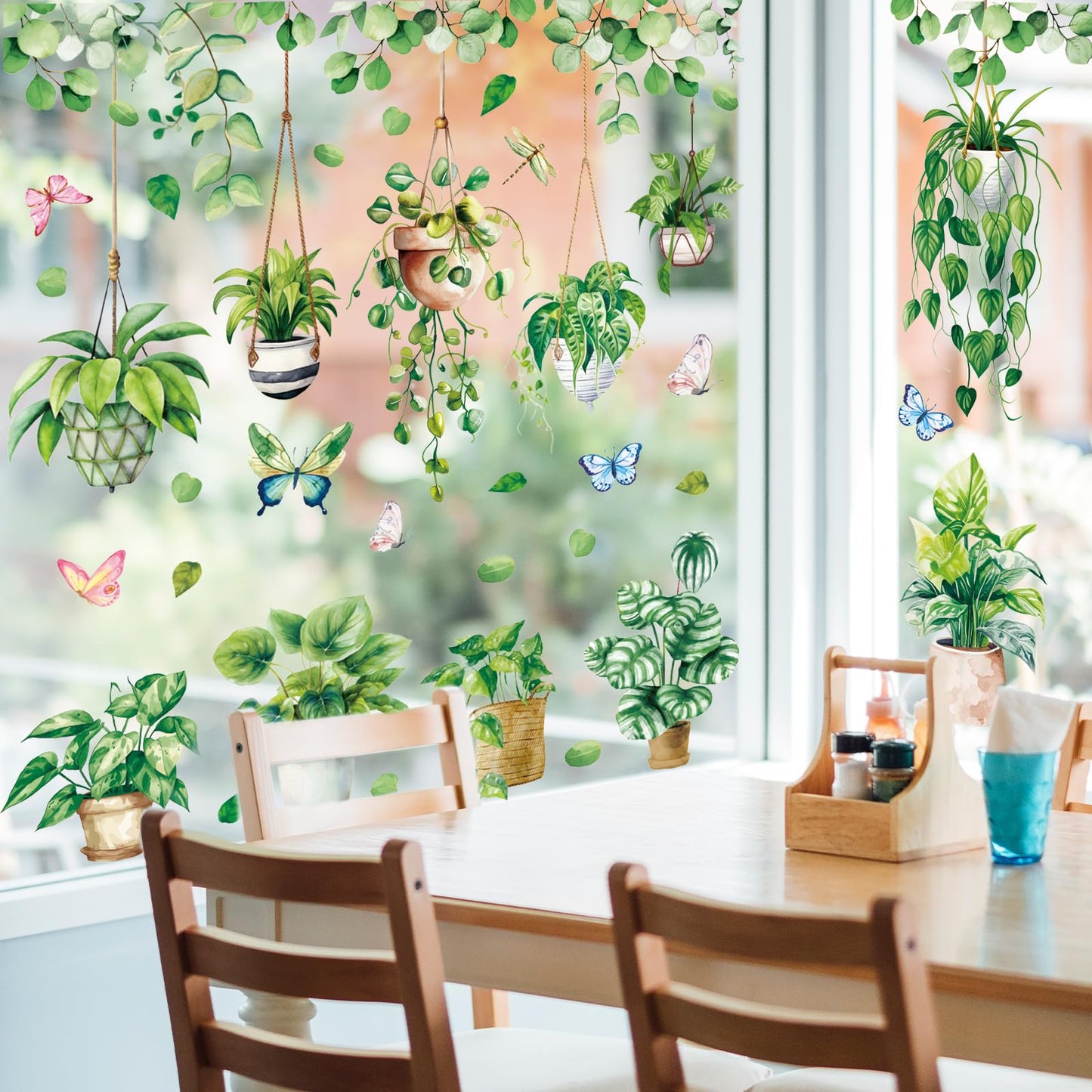 Whaline 6 Sheet Spring Summer Potted Plant Window Clings Hanging Vine Plant Eucalyptus Leaves Reusable Window Decals for Home School Office Party Supplies