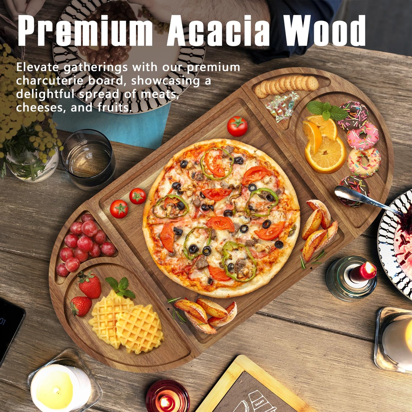 Extra Large Magnetic Charcuterie Board Cheese Board Gift Set 3 Part Square & Round & Heart Shaped Acacia Wood Charcuterie Cheese Boards Wooden Tray Serving Board Platter for Valentine