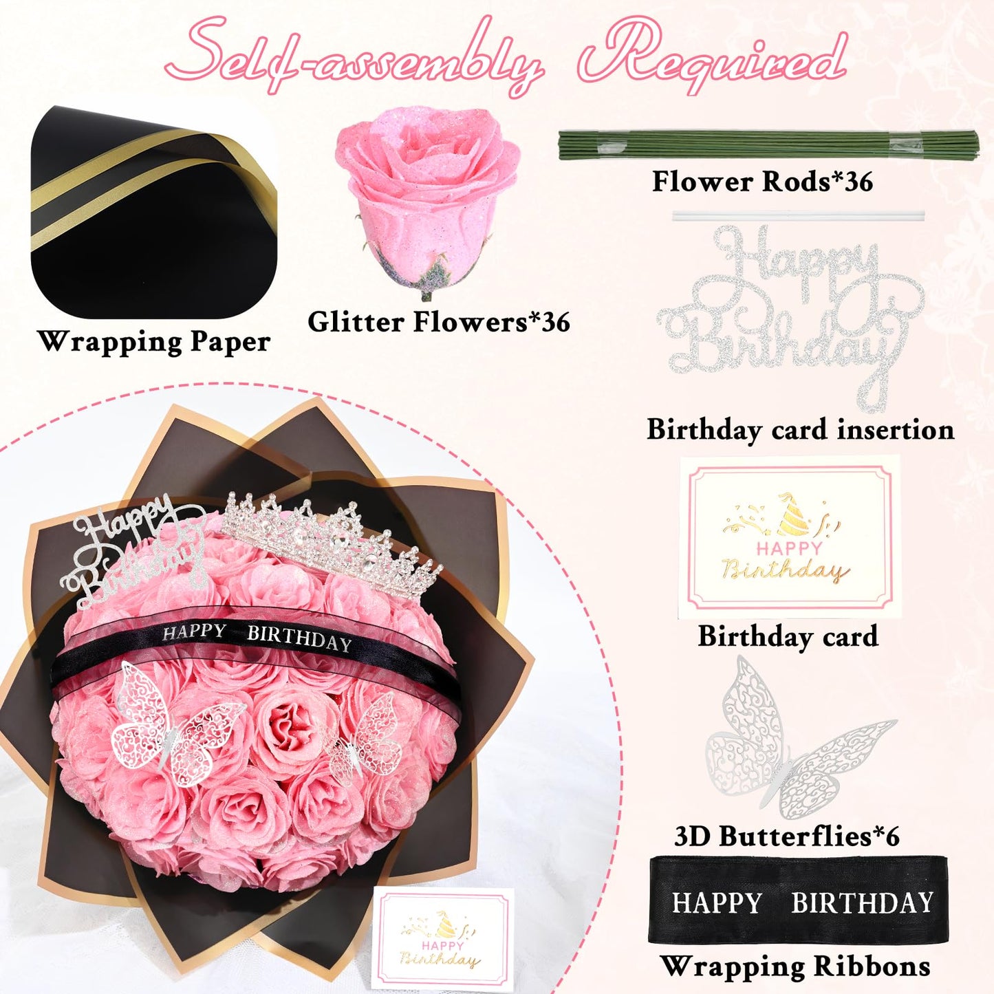 Waipfaru Glitter Roses Bouquet,Birthday Gifts for Women Mom,DIY Fake Flowers Bouquet with Birthday Stand-Up Signs,36 Pink Rose for Grandma Wife Friends
