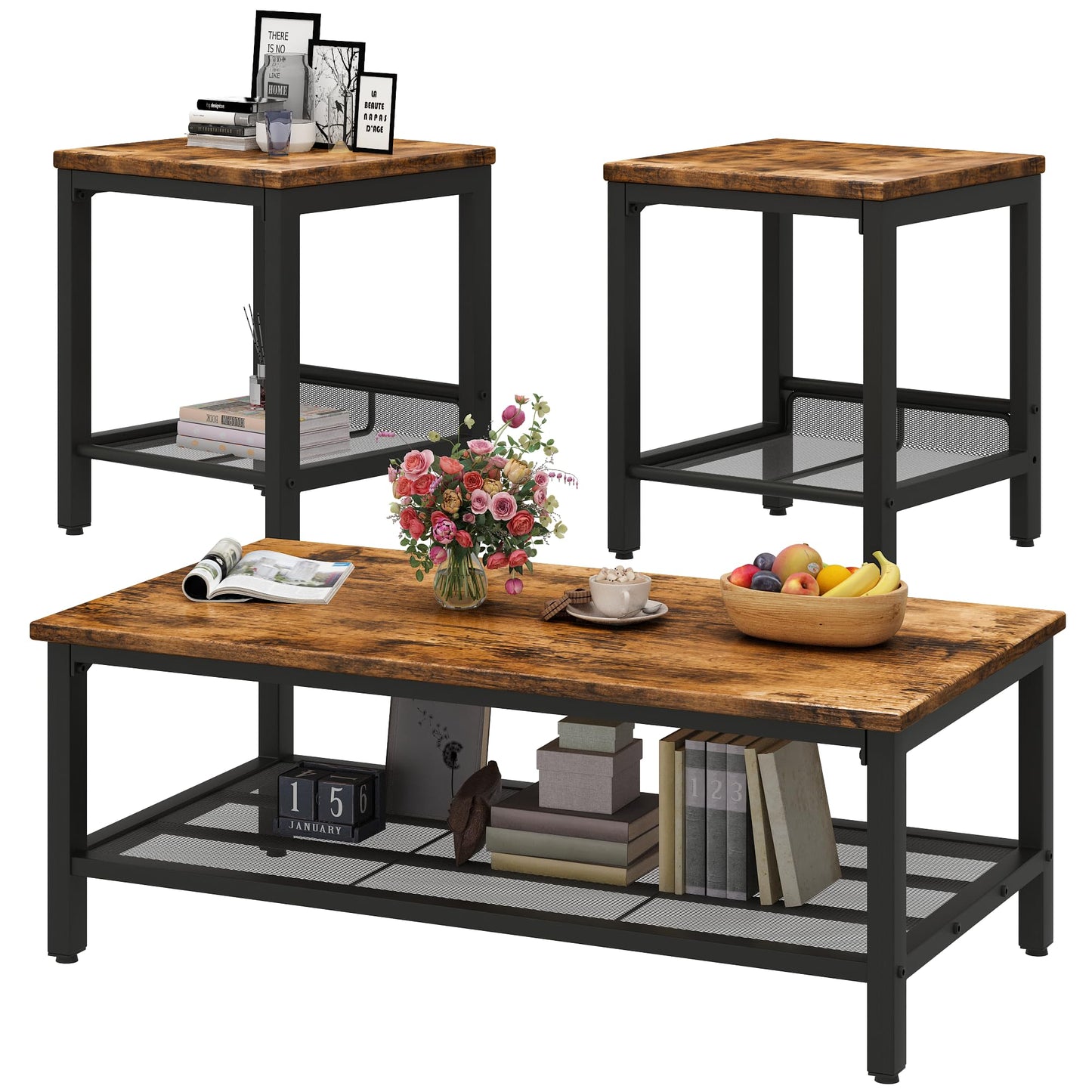DKLGG Coffee Table Set of 3, Vintage Wood Coffee Table & 2 End Tables, Square Tabletop Modern Industrial Living Room 3-Piece Set for Apartment Home Office, Rustic Brown