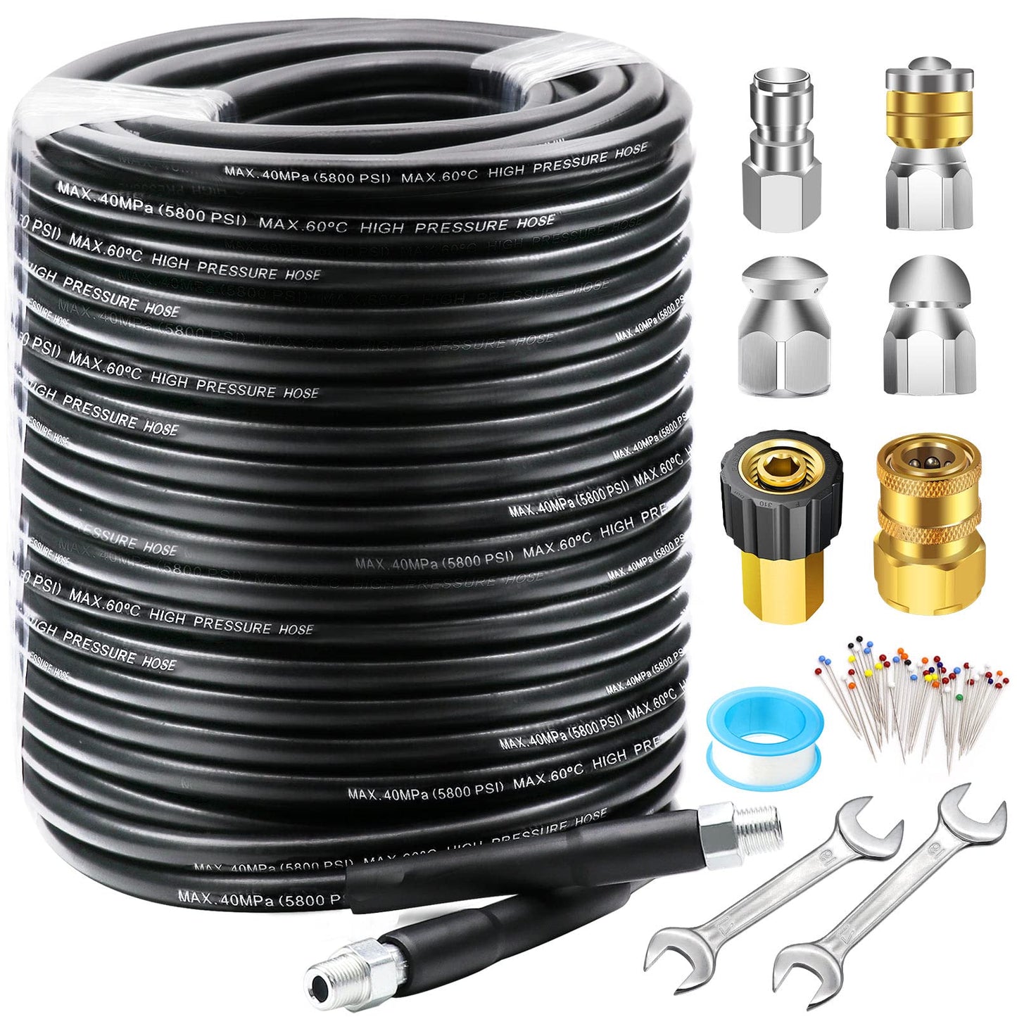 West Bay 150FT Sewer Jetter Kit for Pressure Washer, 5800PSI Drain Cleaner Hose 1/4 Inch NPT, Corner, Rotating and Button Nose Sewer Jetting Nozzle Waterproof Tape Pearl Corsage Pin with 2Pcs Spanner