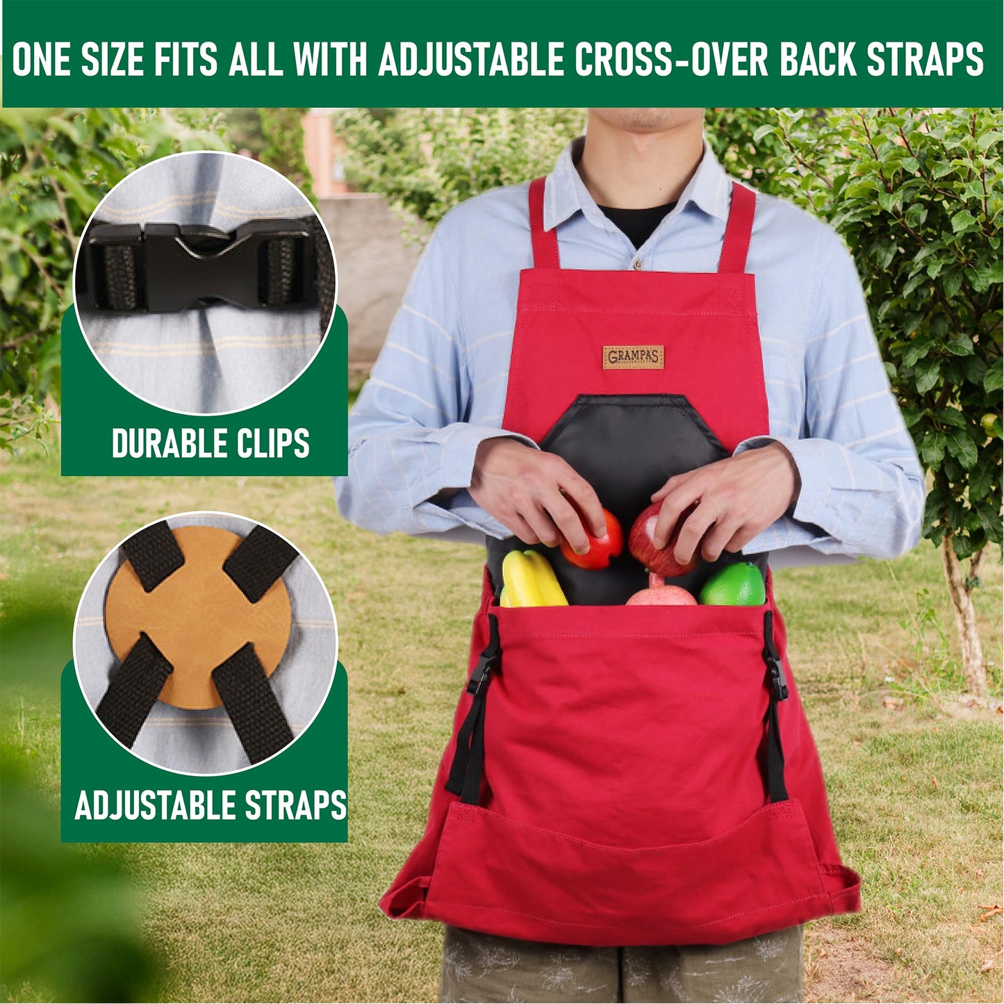 Grampa's Garden Apron - Cross Back Gardening Apron With Pockets For Women & Men | Harvest Apron with Large Kangaroo Pouch (Red)