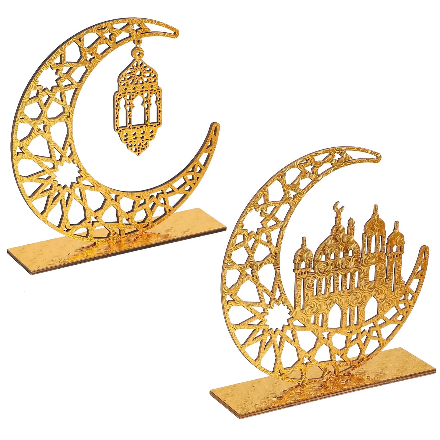 Hinsly Wood Ramadan Decorations for Home Islamic Eid Mubarak Kareem Table Sign Moon Hollow Star Ornament for Muslim Party Tabletop Decor Art Craft Decoration Golden Moon 2 Pieces