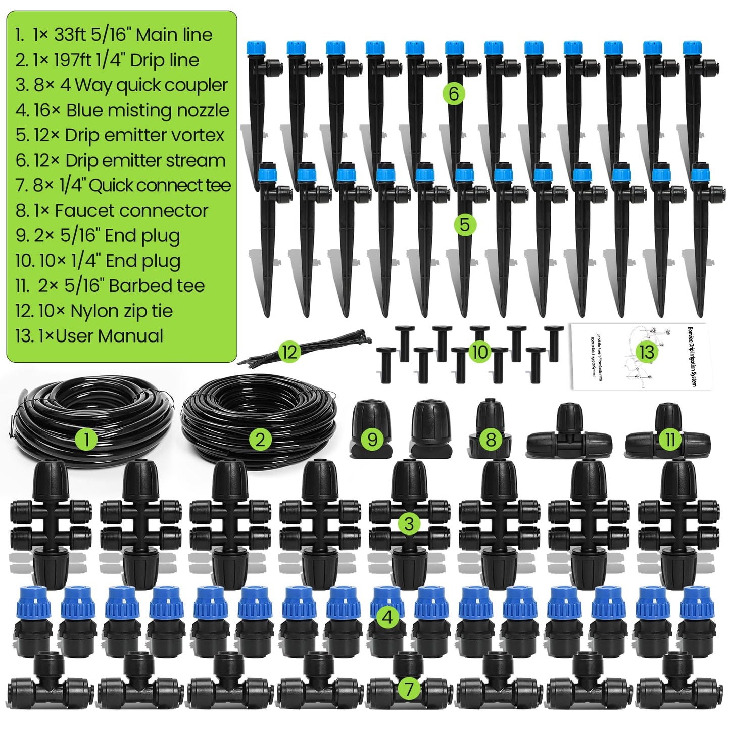 Bonviee Drip Irrigation System 230FT – Quick Connect Garden Watering Kit with Adjustable Drip Emitters, 1/4” & 5/16” Tubing for Raised Beds, Greenhouse, Lawn, Automatic Timer Compatible