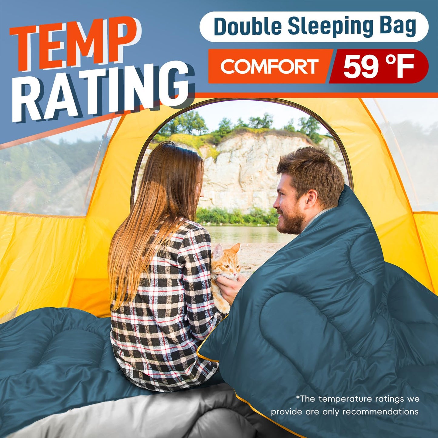 MEREZA Double Sleeping Bag for Adults Mens with Pillow, XL Queen Size Two Person Sleeping Bag for All Season Camping Hiking Backpacking 2 Person Sleeping Bags for Cold Weather & Warm (Blue&Yellow)