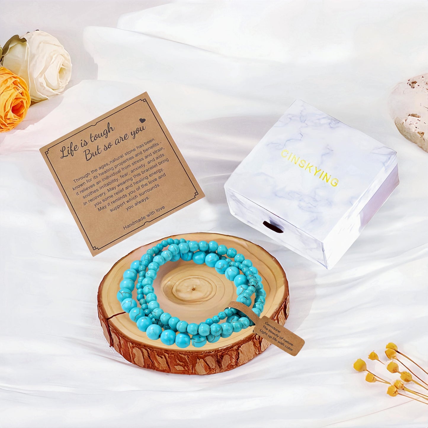 CINSKYING 3Pcs Healing Crystal Turquoise Bracelets for Women Men 8mm 6mm 4mm Natural Stone Beaded Stretch Bracelet Jewelry Gifts for Women Girl (T1-Turquoise)