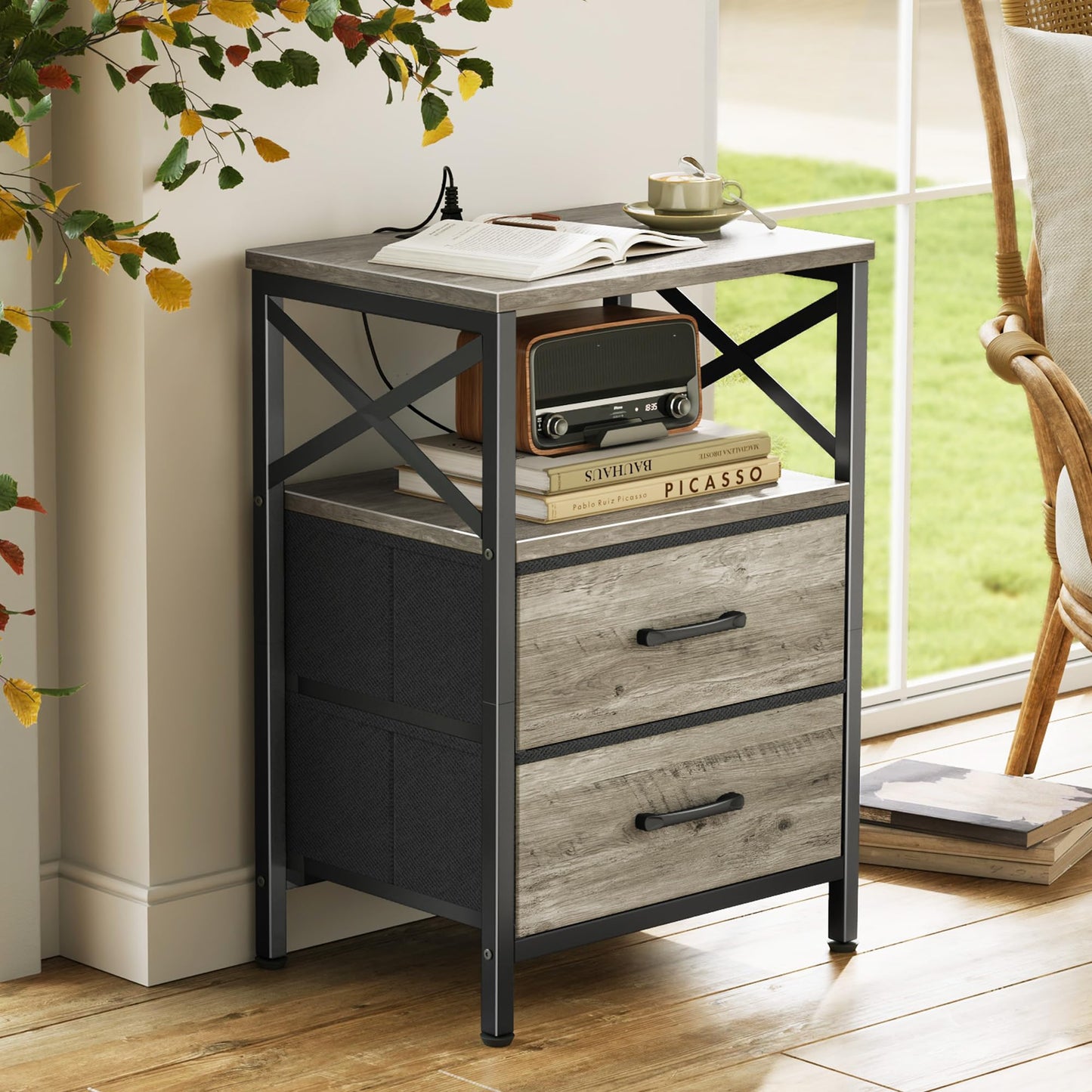 Huuger Night Stand with Charger Station, 2 Drawer Nightstand with Open Shelf, Bed Side Table with USB-C Port, End Table, Compact Size for Small Spaces, X Shaped Side Rail, Oak