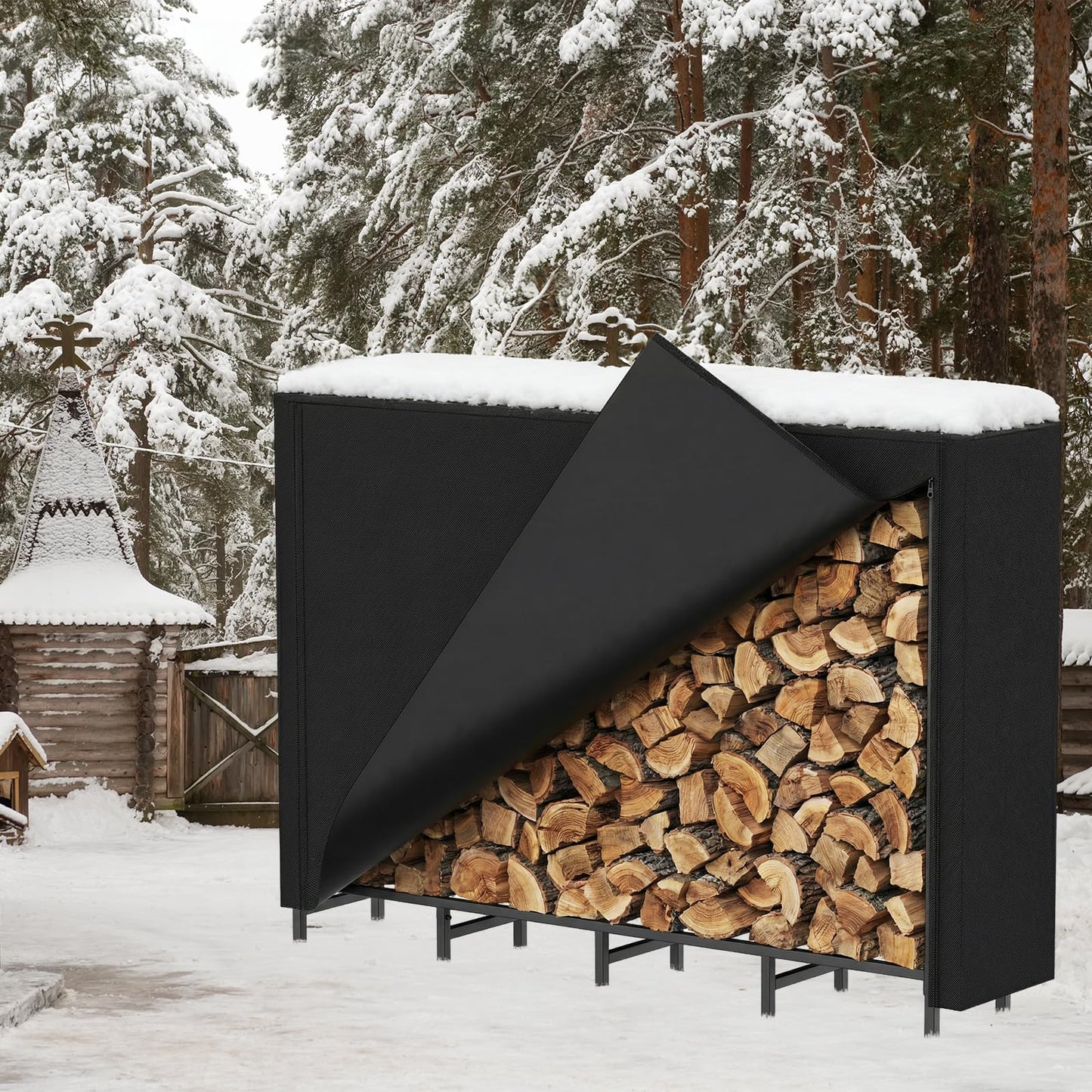 Outdoor Firewood Storage Holder with Cover, Heavy Duty Metal Indoor Log Stacker Rack with Weather Resistant 600D Oxford Fabric Cover, Wood Pile Storage Carrier Organizer Stand for Fireplace, Black