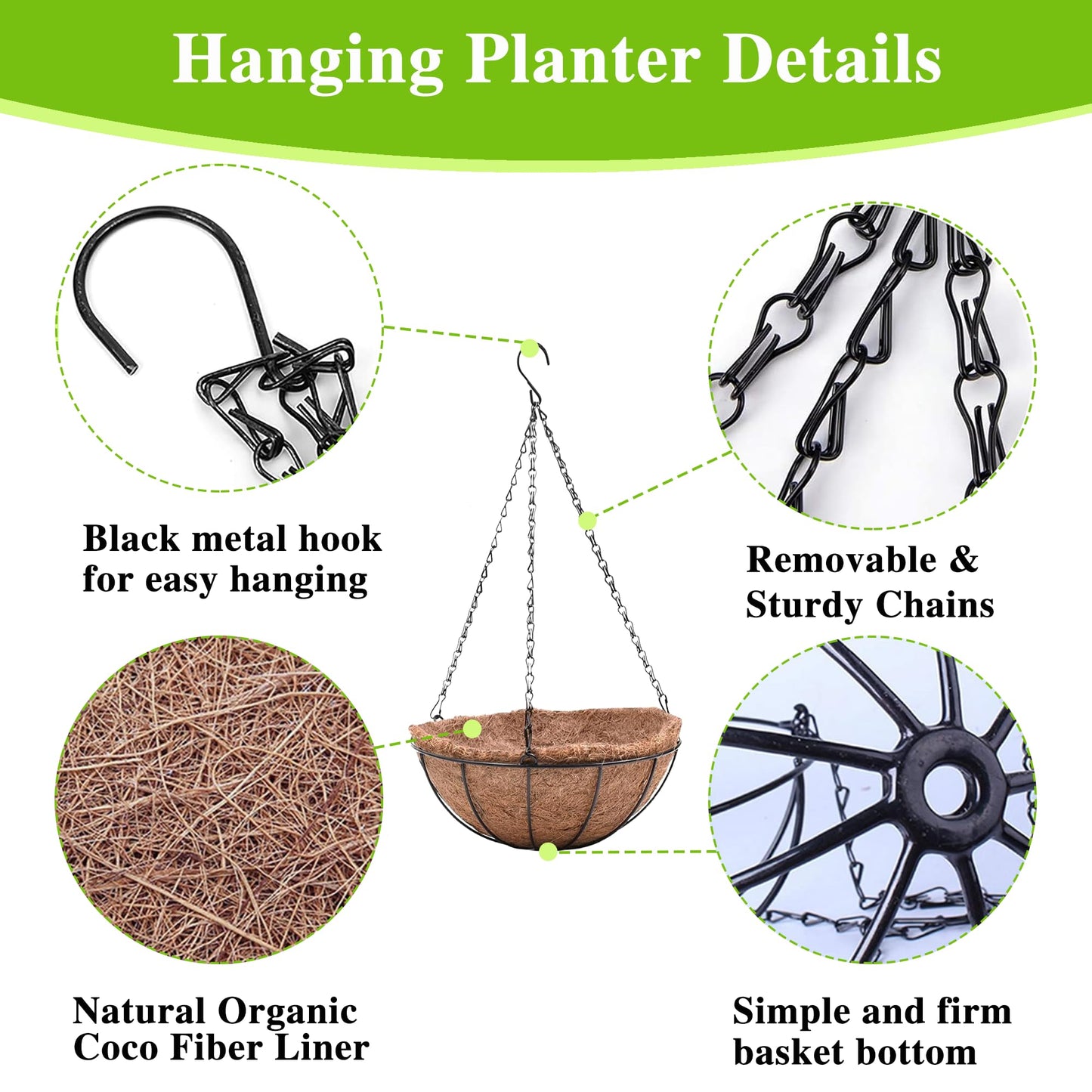 EIMQUVW 4 Pack Hanging Planter Basket Outdoor Large Hanging Flower Pots Indoor 12 inch with Coco Coir Liner Round Wire Plant Holder Chain Hanging Basket Garden for Home Decor Balcony Office1