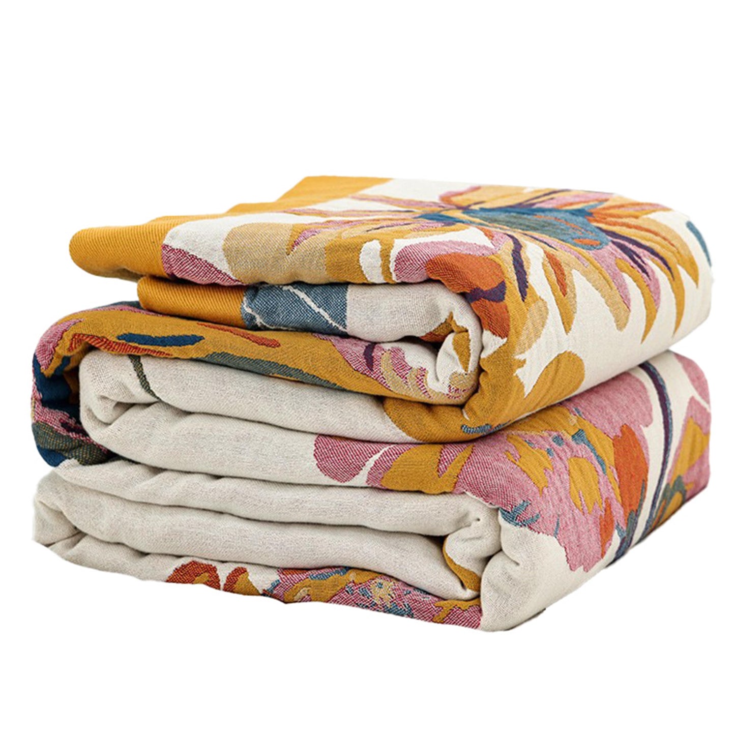 Boho Throw Blanket for Bed 60”x80”, 100% Cotton Woven Blanket for Couch Sofa, Ultra Soft 4-Layer Muslin Quilt with Floral Printed, Farmhouse Bed Blanket/Cover for Living Room Decor