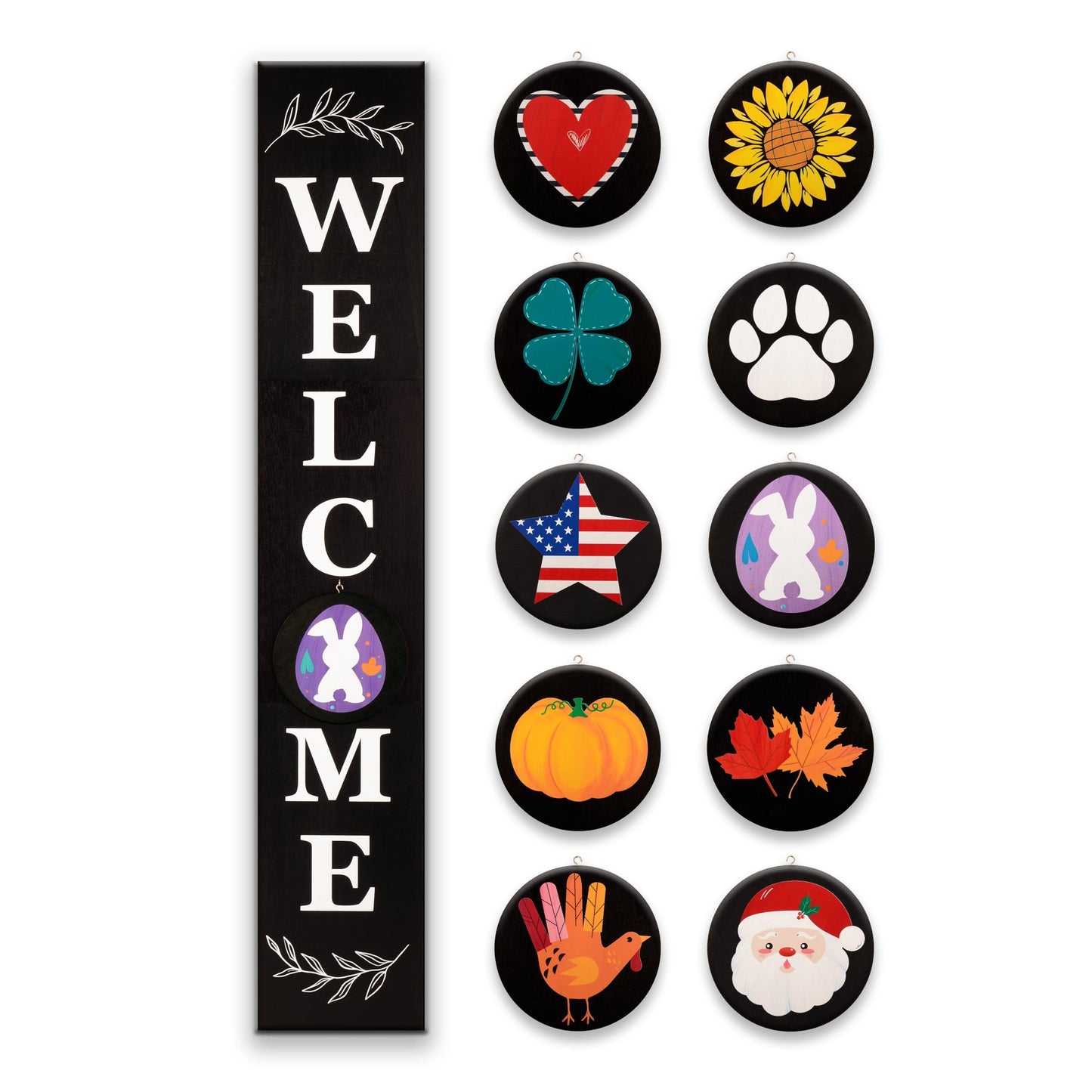Perfnique Welcome sign for front porch standing, 47 x 7.9 Inch Wooden Leaner Sign with 10 Interchangeable Designed Icons, Seasonal Decor for Spring Easter Fall Christmas(Black)