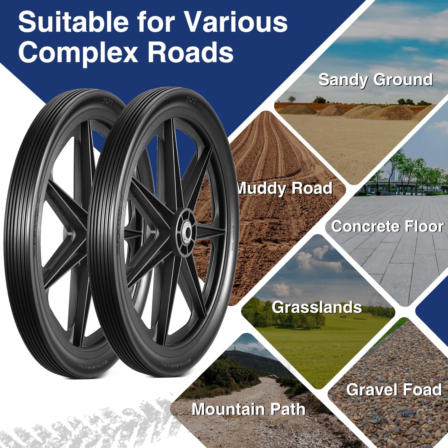 MaxAuto 20x2.0 Rim Flat Free Cart Tire and Wheels Assembly for the Garden Yard Cart, Wheelbarrow, Garden Trailers, 20x2" Non-inflated Tires with 3/4" Bearing, 2 Pack