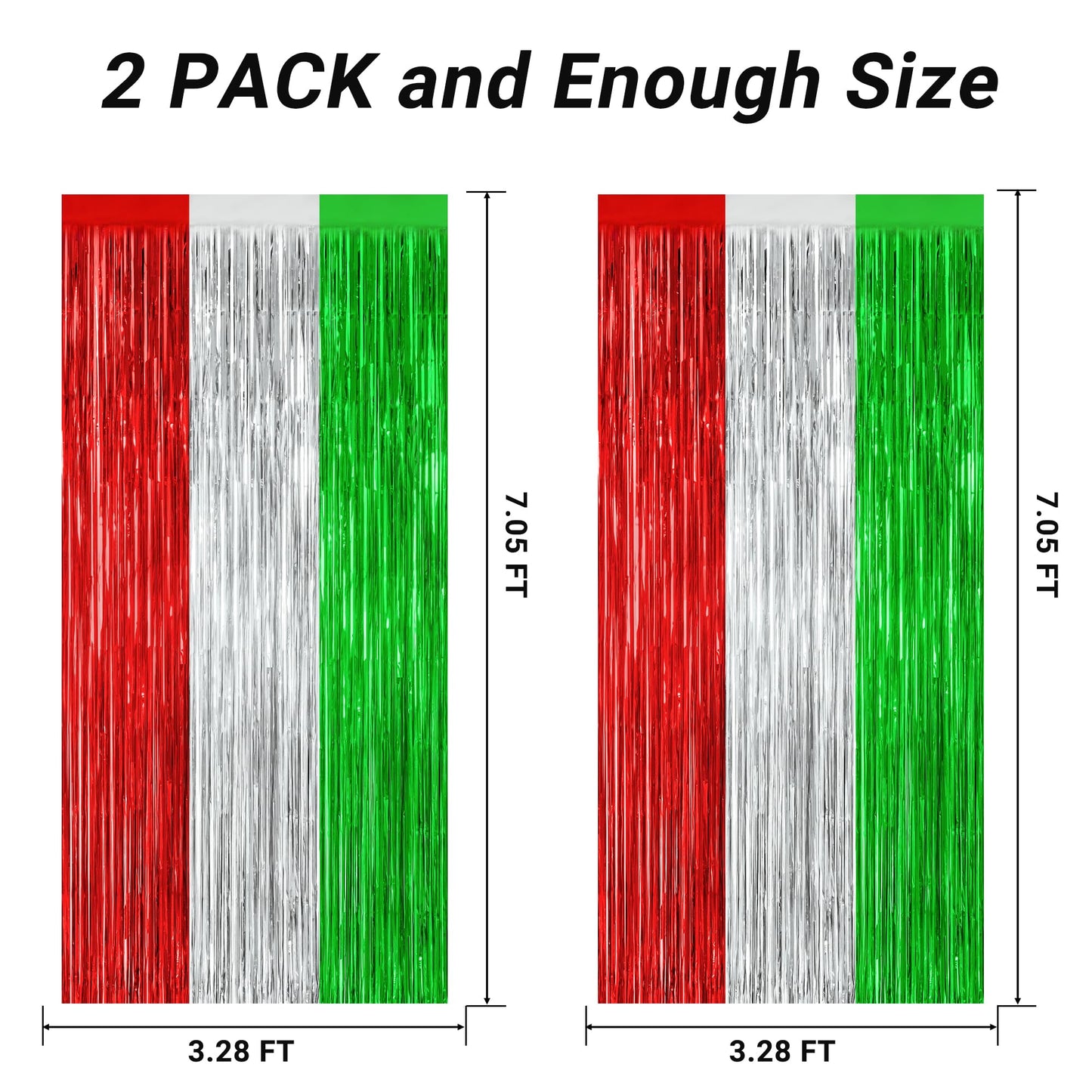 2 Pack Christmas Backdrop, 3.28 FT x 7.05 FT Red Silver Green Party Streamer, Metallic Xmas Backdrop Fringe Curtains Foil Tinsel, Christmas Decorations Wall Decor Photo Booth Props