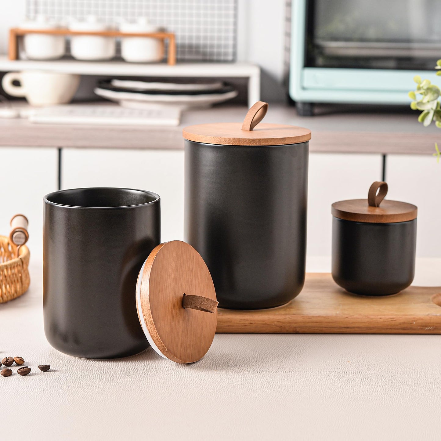 CoorFormer Black Ceramic Canister Set with Bamboo Lids, 3-Piece Airtight Food Storage Jars for Kitchen - Flour, Sugar, Coffee, Tea, Spice - Small, Medium, Large Sizes