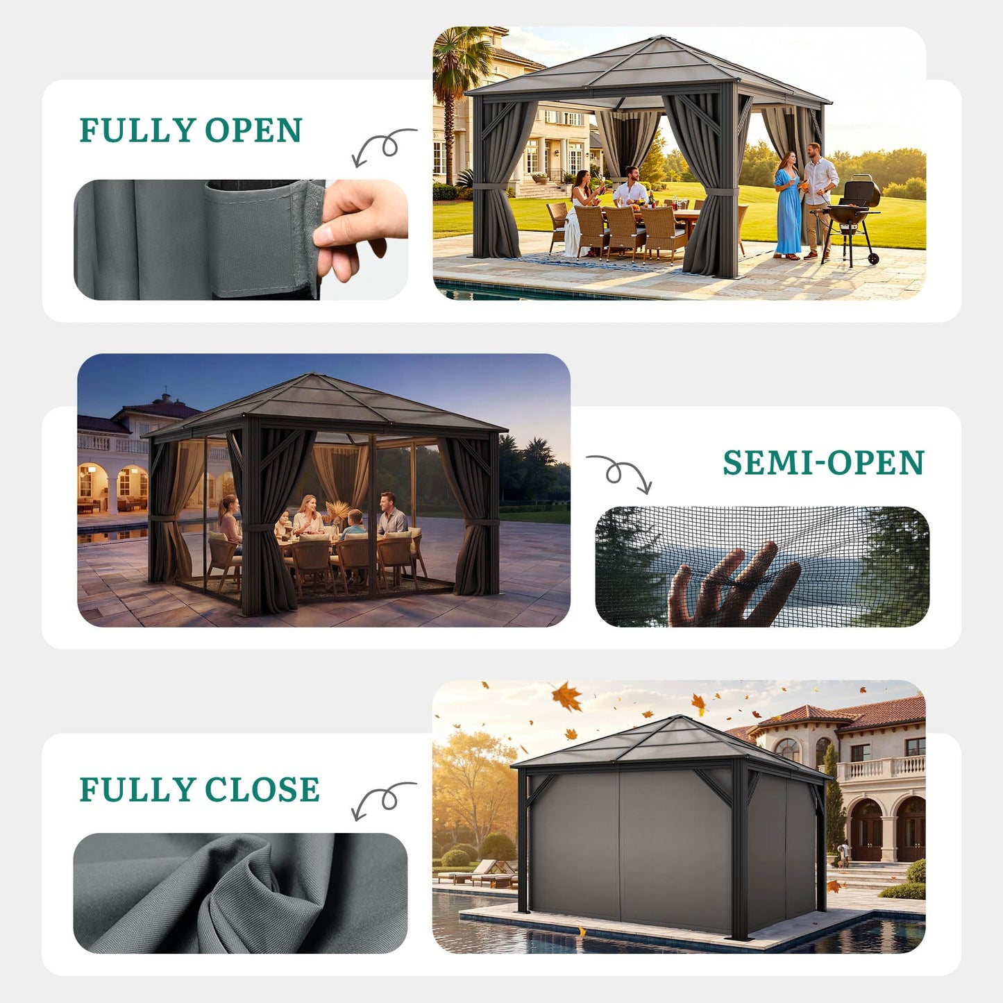 YITAHOME 10x10ft Gazebo Hardtop Outdoor Polycarbonate Canopy with Netting and Shaded Curtains, Metal Frame Garden Tent for Patio, Backyard, Deck and Lawns