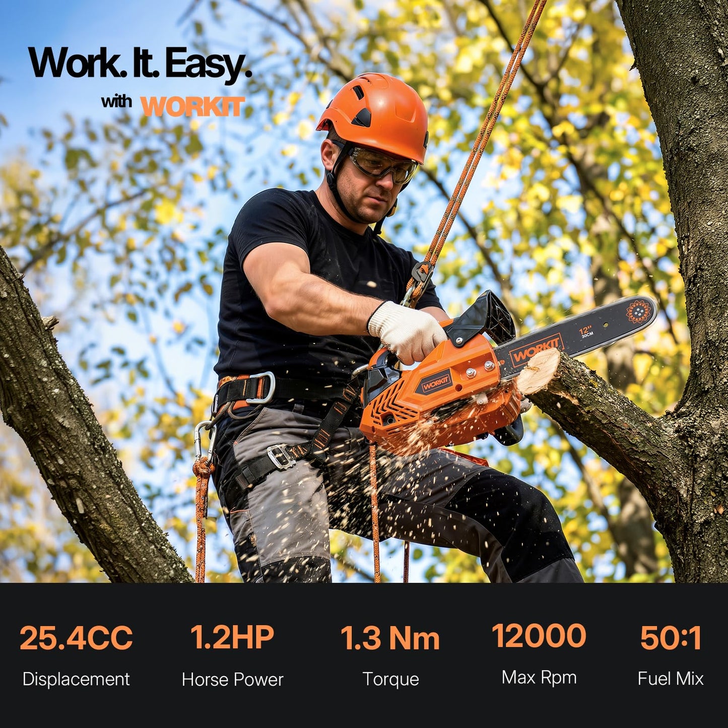 WORKIT 25.4CC Gas Powered Chainsaw, 12-Inch 1.2HP Top Handle Gas Chainsaw Easy Start, 2-Cycle Xtreme Engine, Commercial Grade Petrol Small Chain Saw with Auto Oiler, Wood Cutting and Tree Pruning