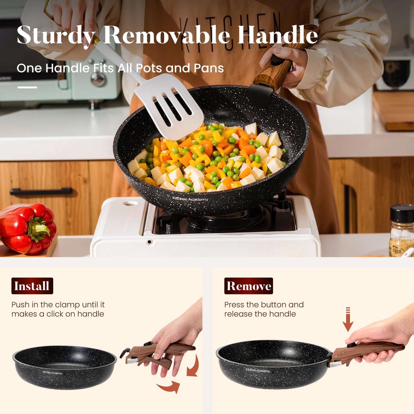 Kitchen Academy Removable Handle Induction Pots and Pans Set - 10 Piece Non-stick Cookware Sets, Black Granite Stackable RV Cookware for Camp